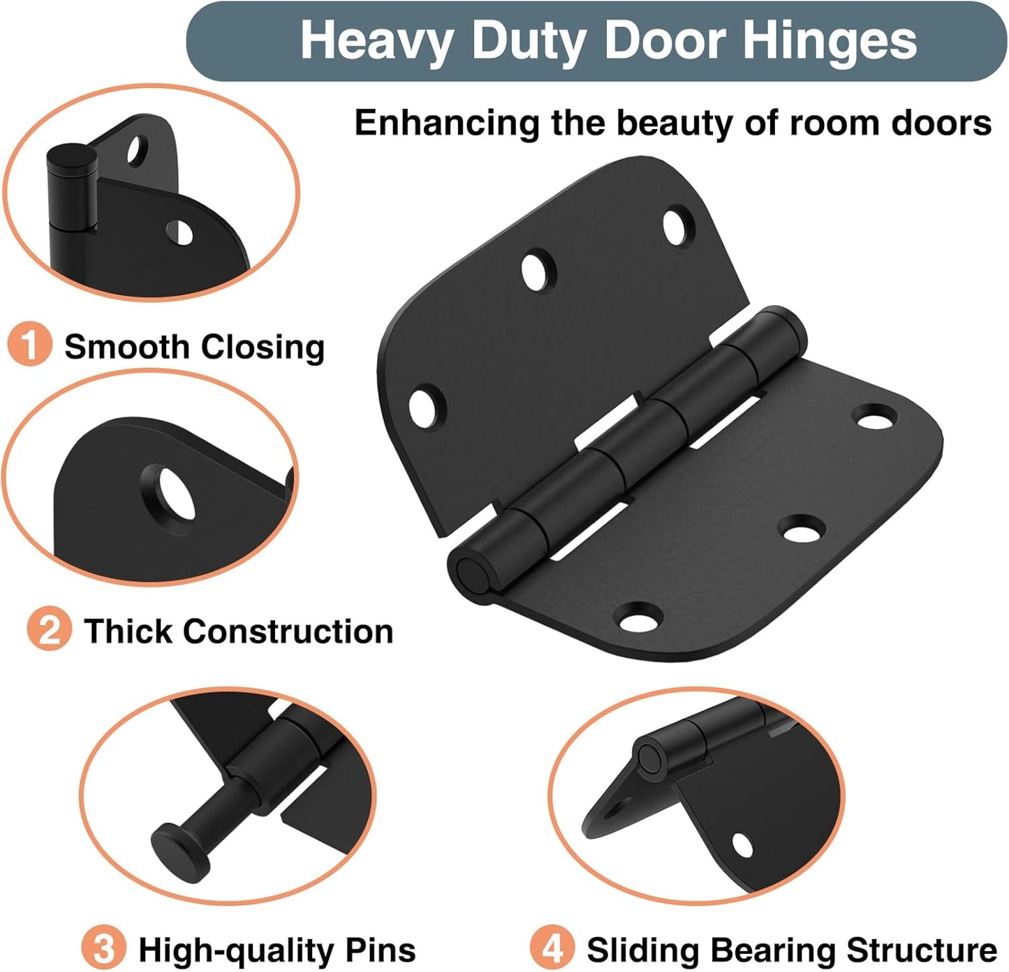 30 Pack Matte Black 3.5 x 3.5 Inch Interior Rounded Door Hinges with 5/8" Radius - Heavy-Duty Black Hinges for Standard Bedroom Office Door Hardware