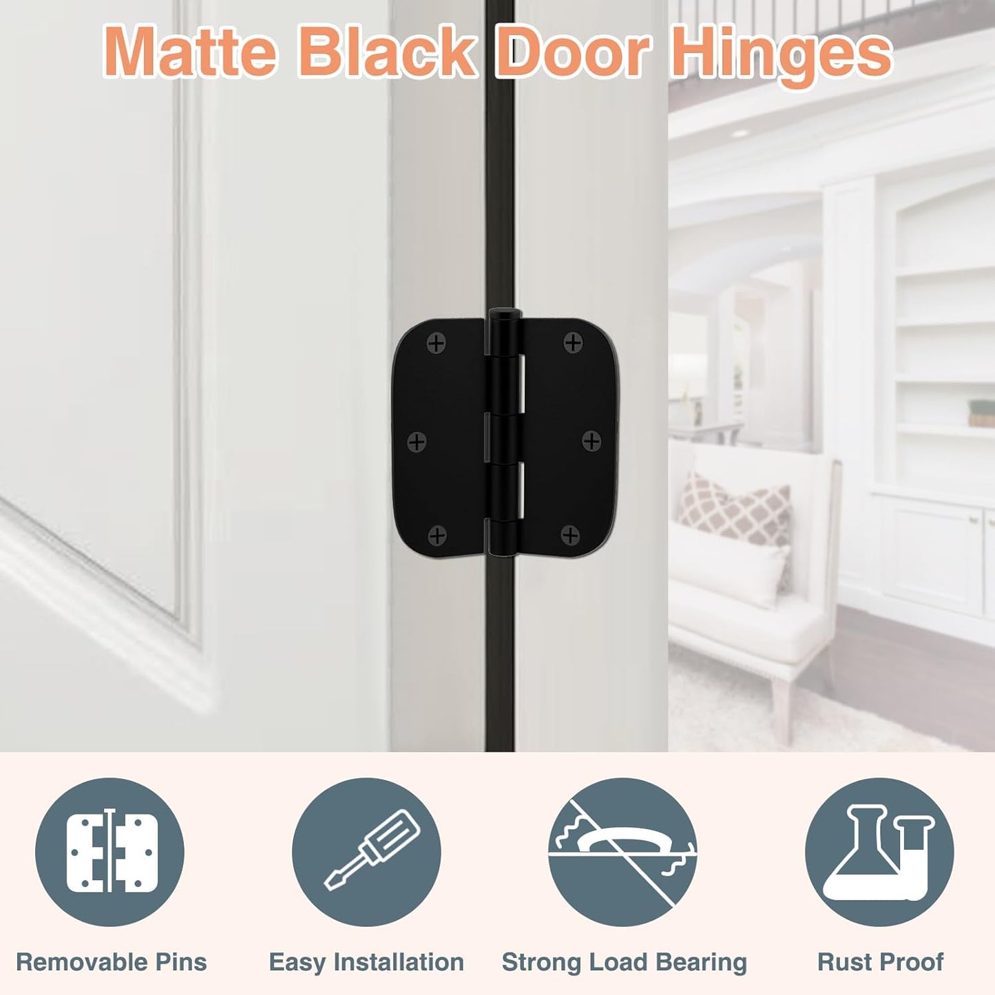 30 Pack Matte Black 3.5 x 3.5 Inch Interior Rounded Door Hinges with 5/8" Radius - Heavy-Duty Black Hinges for Standard Bedroom Office Door Hardware