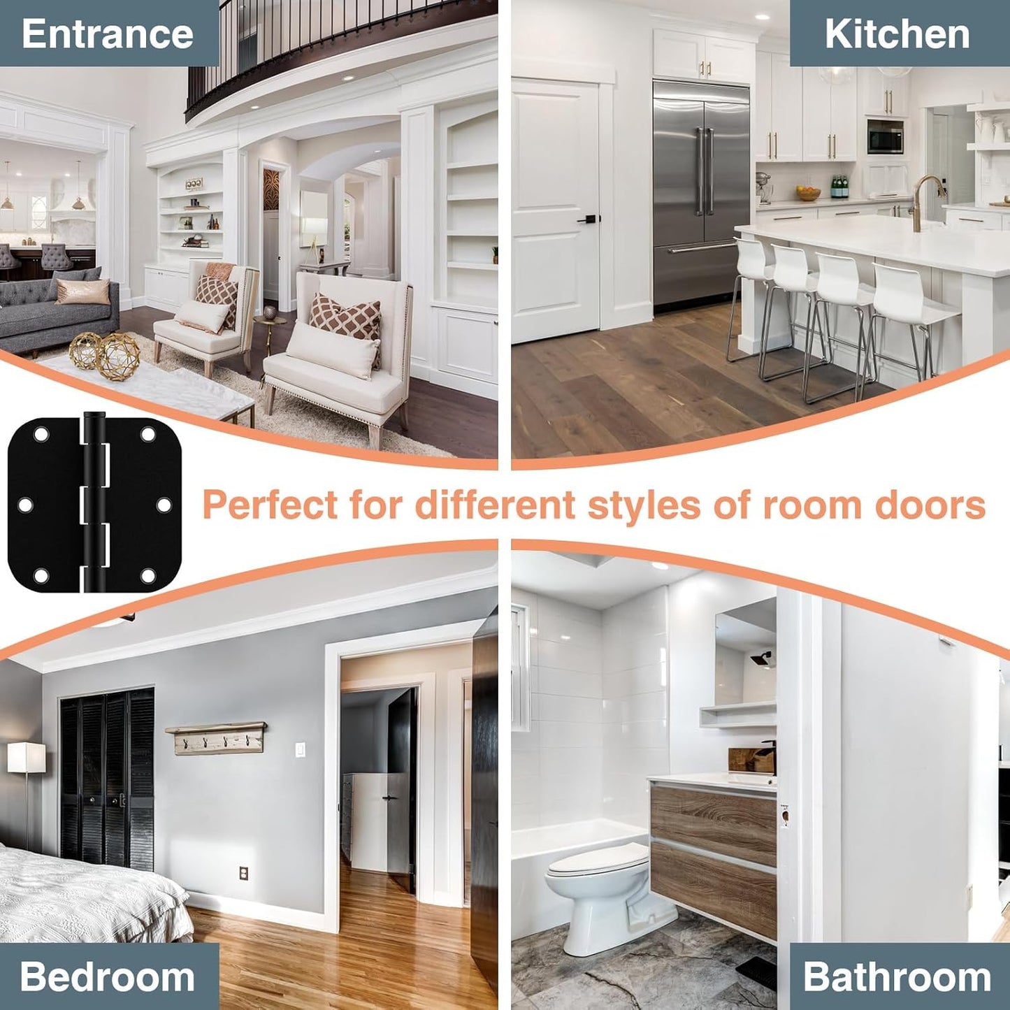 30 Pack Matte Black 3.5 x 3.5 Inch Interior Rounded Door Hinges with 5/8" Radius - Heavy-Duty Black Hinges for Standard Bedroom Office Door Hardware