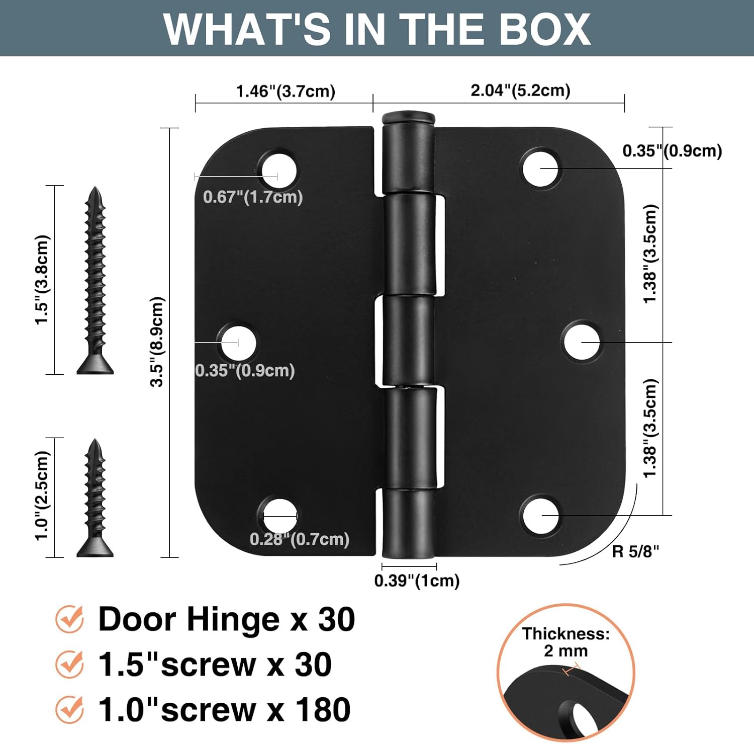 30 Pack Matte Black 3.5 x 3.5 Inch Interior Rounded Door Hinges with 5/8" Radius - Heavy-Duty Black Hinges for Standard Bedroom Office Door Hardware