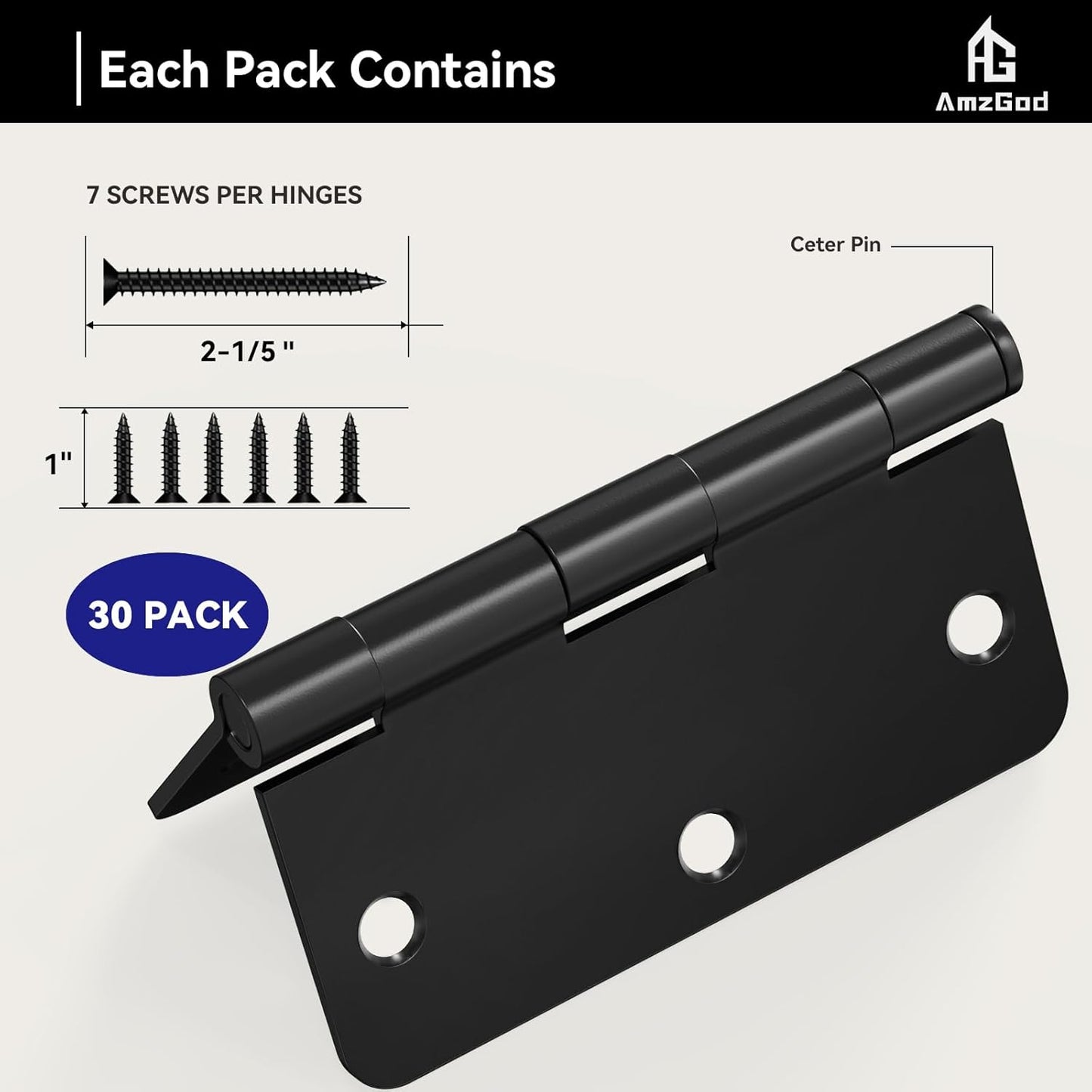 30-Pack Matte Black Door Hinges with 3.5" Rounded Interior Design - 1/4" Radius Corners, Ideal for 3 1/2" Flat Iron Doors