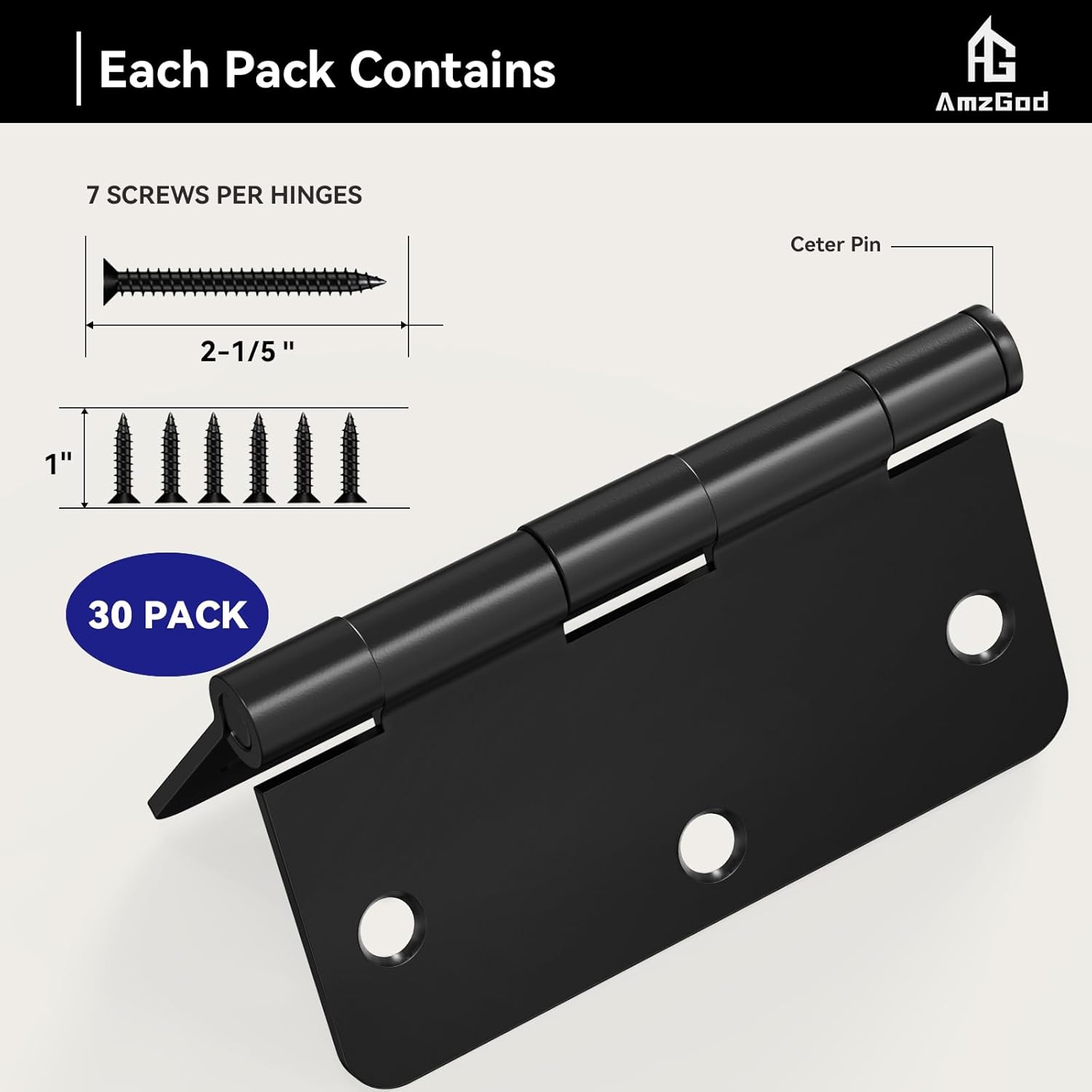 30-Pack Matte Black Door Hinges with 3.5" Rounded Interior Design - 1/4" Radius Corners, Ideal for 3 1/2" Flat Iron Doors