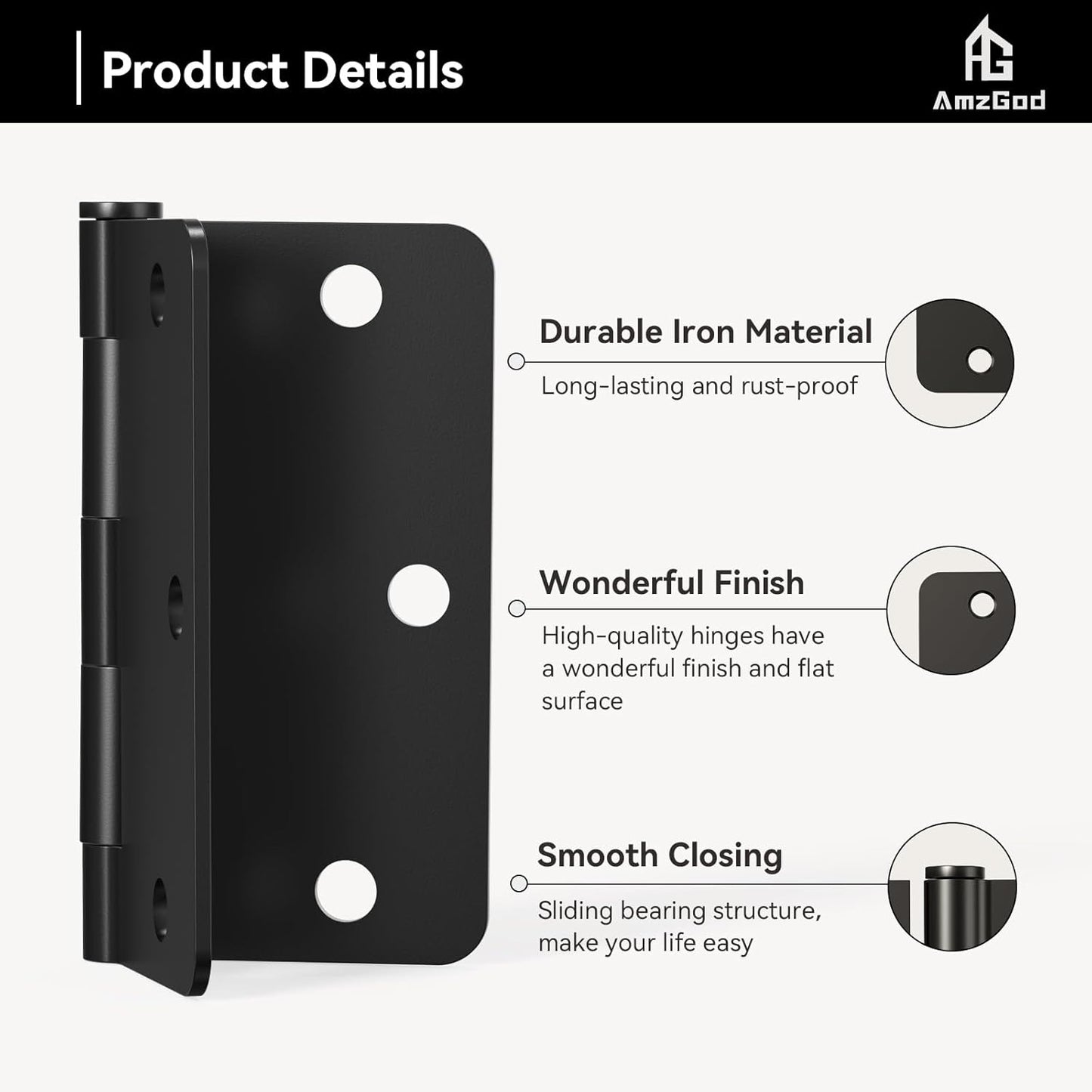 30-Pack Matte Black Door Hinges with 3.5" Rounded Interior Design - 1/4" Radius Corners, Ideal for 3 1/2" Flat Iron Doors