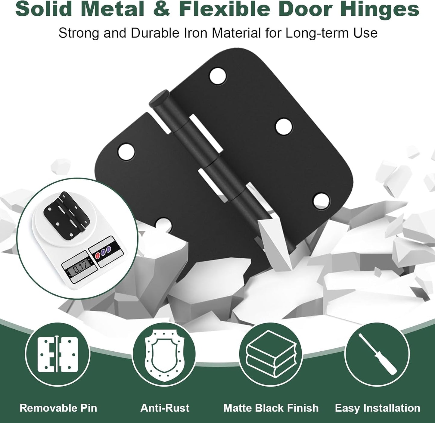 30 Pack Matte Black Heavy Duty 3.5 x 3.5 Inch Door Hinges with Removable Pin for Standard Doors - Rounded Interior Hinges for Bedroom & Bathroom Doors