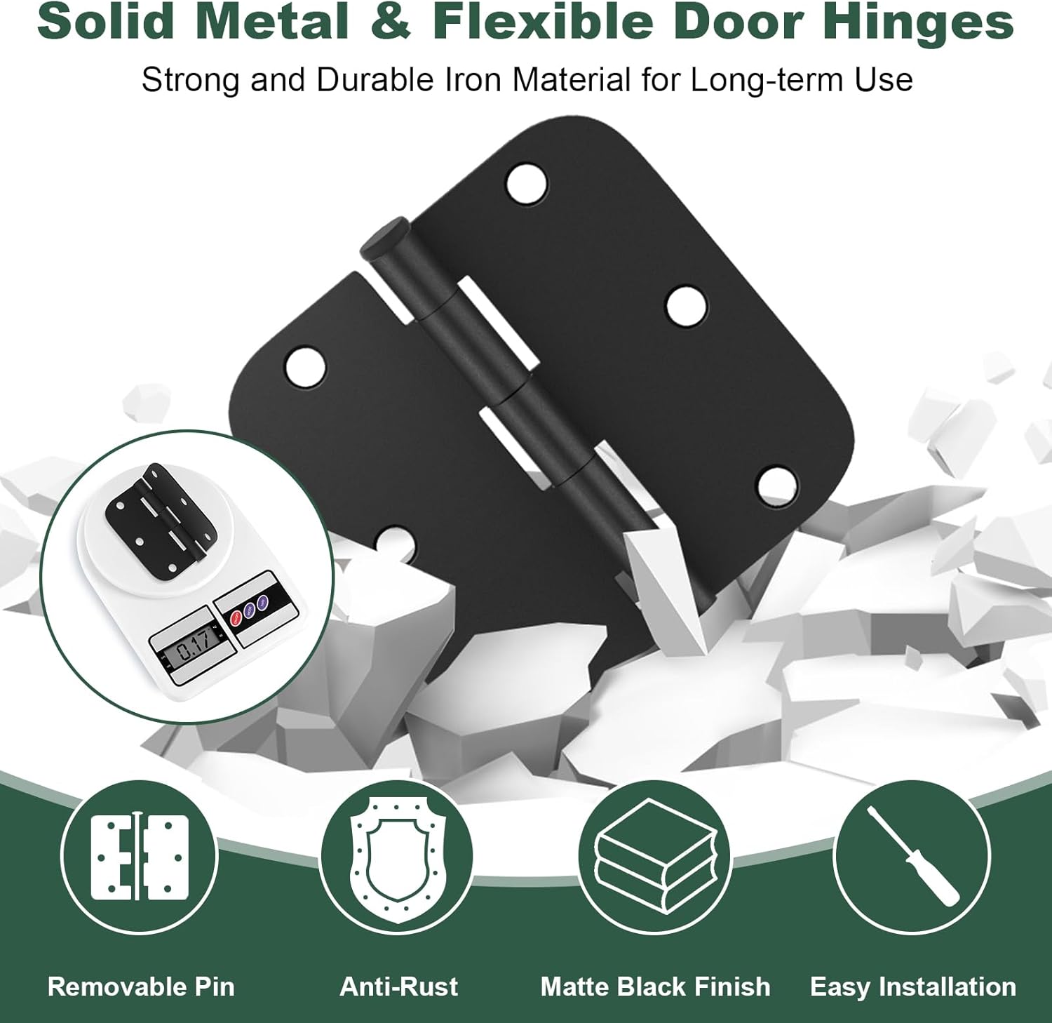 30 Pack Matte Black Heavy Duty 3.5 x 3.5 Inch Door Hinges with Removable Pin for Standard Doors - Rounded Interior Hinges for Bedroom & Bathroom Doors