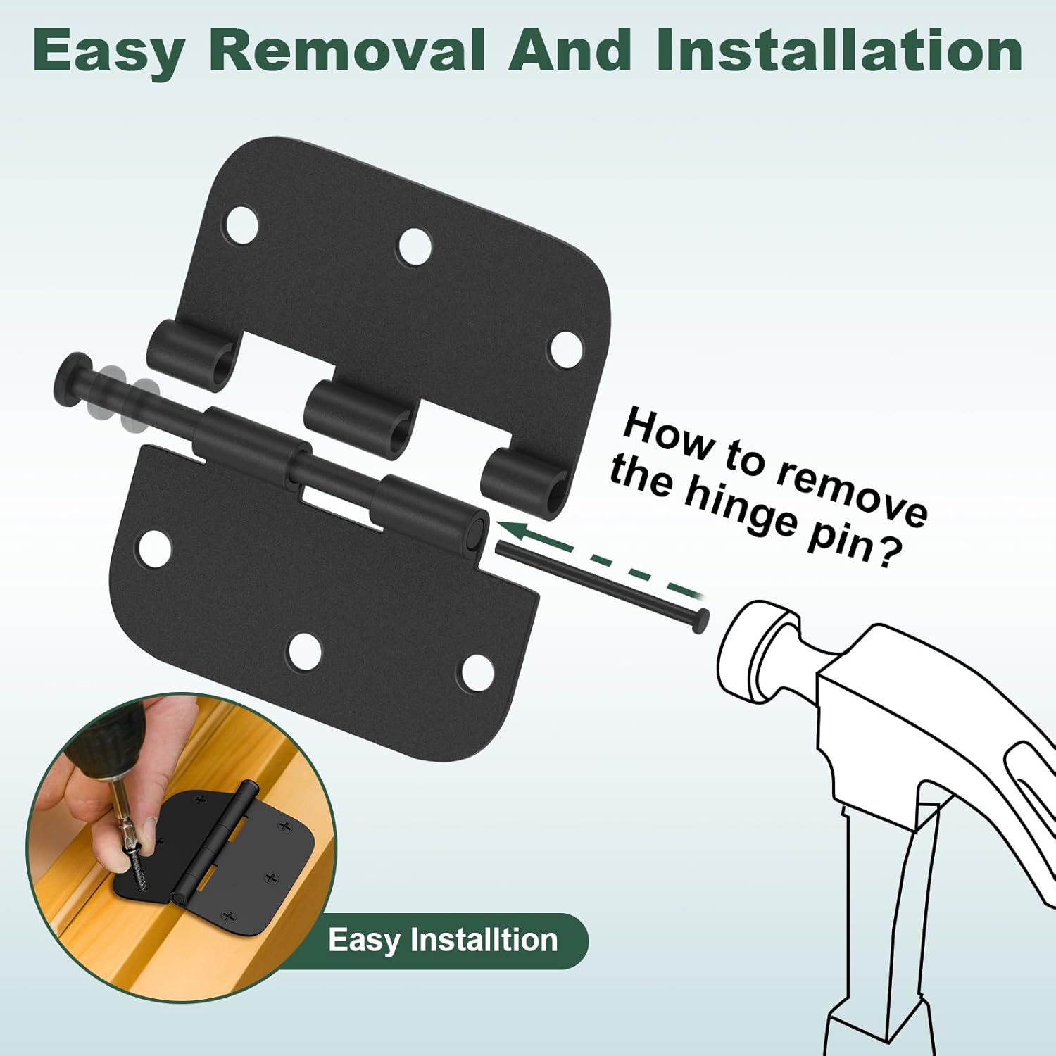 30 Pack Matte Black Heavy Duty 3.5 x 3.5 Inch Door Hinges with Removable Pin for Standard Doors - Rounded Interior Hinges for Bedroom & Bathroom Doors