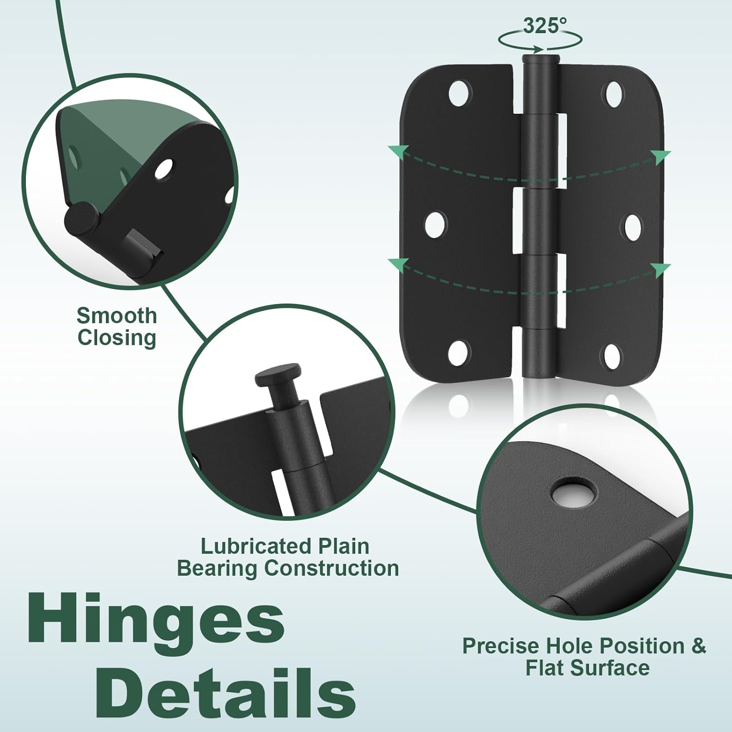 30 Pack Matte Black Heavy Duty 3.5 x 3.5 Inch Door Hinges with Removable Pin for Standard Doors - Rounded Interior Hinges for Bedroom & Bathroom Doors