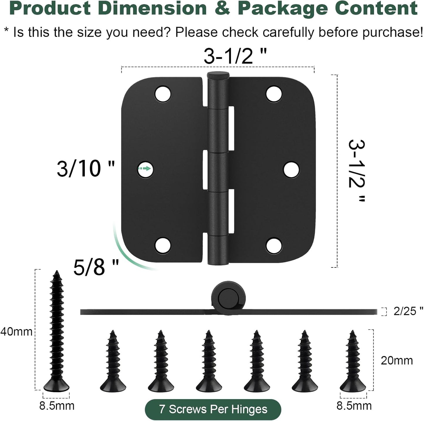 30 Pack Matte Black Heavy Duty 3.5 x 3.5 Inch Door Hinges with Removable Pin for Standard Doors - Rounded Interior Hinges for Bedroom & Bathroom Doors