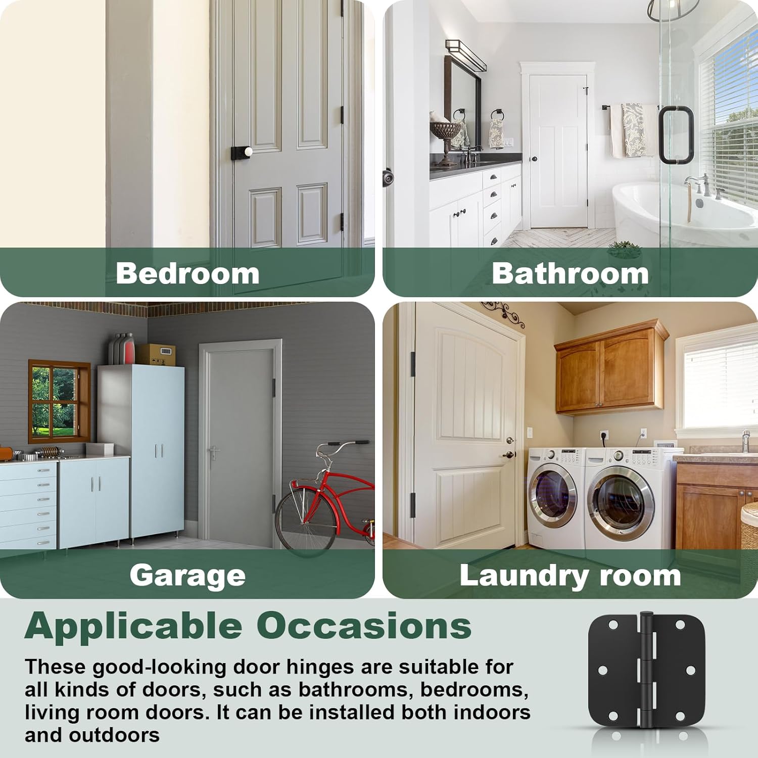 30 Pack Matte Black Heavy Duty 3.5 x 3.5 Inch Door Hinges with Removable Pin for Standard Doors - Rounded Interior Hinges for Bedroom & Bathroom Doors