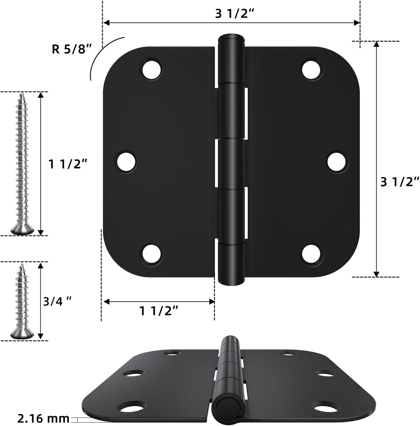 30 Pack Matte Black Rounded Door Hinges 3.5 x 3.5 inch with 5/8 Radius - Interior Hardware for 3 1/2" Doors