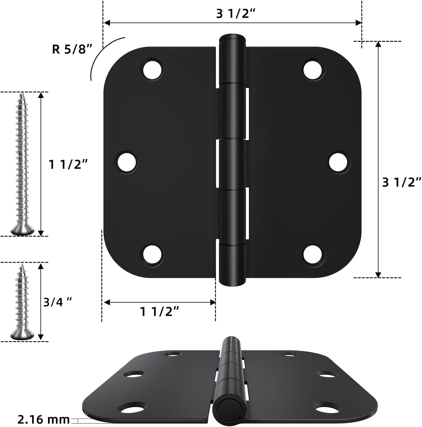 30 Pack Matte Black Rounded Door Hinges 3.5 x 3.5 inch with 5/8 Radius - Interior Hardware for 3 1/2" Doors
