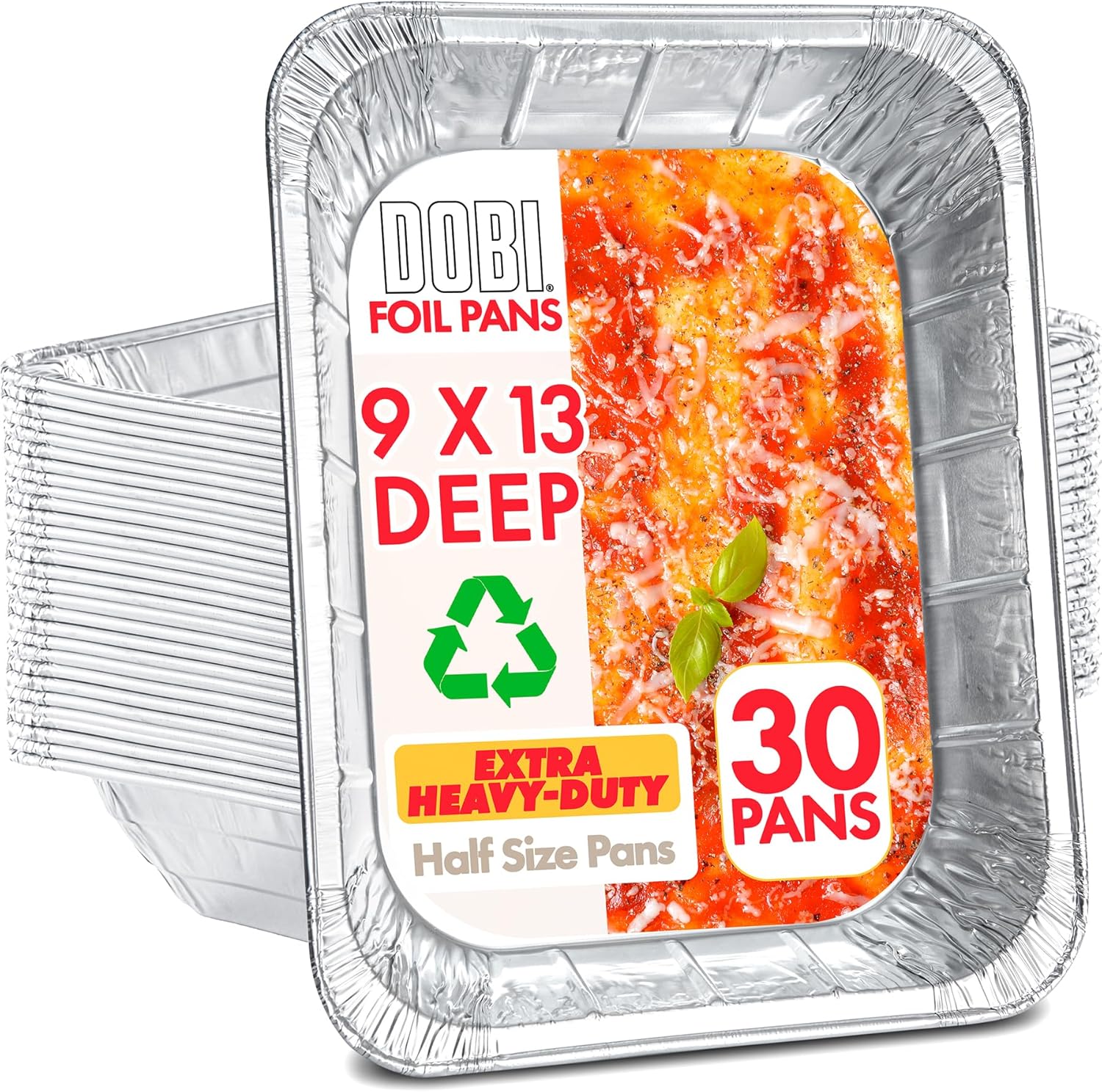 30 Pack of DOBI 9x13 Half Size Aluminum Pans - Heavy Duty Deep Foil Baking Tins for Cooking, Baking, and Roasting