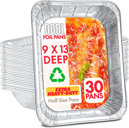 30 Pack of DOBI 9x13 Half Size Aluminum Pans - Heavy Duty Deep Foil Baking Tins for Cooking, Baking, and Roasting