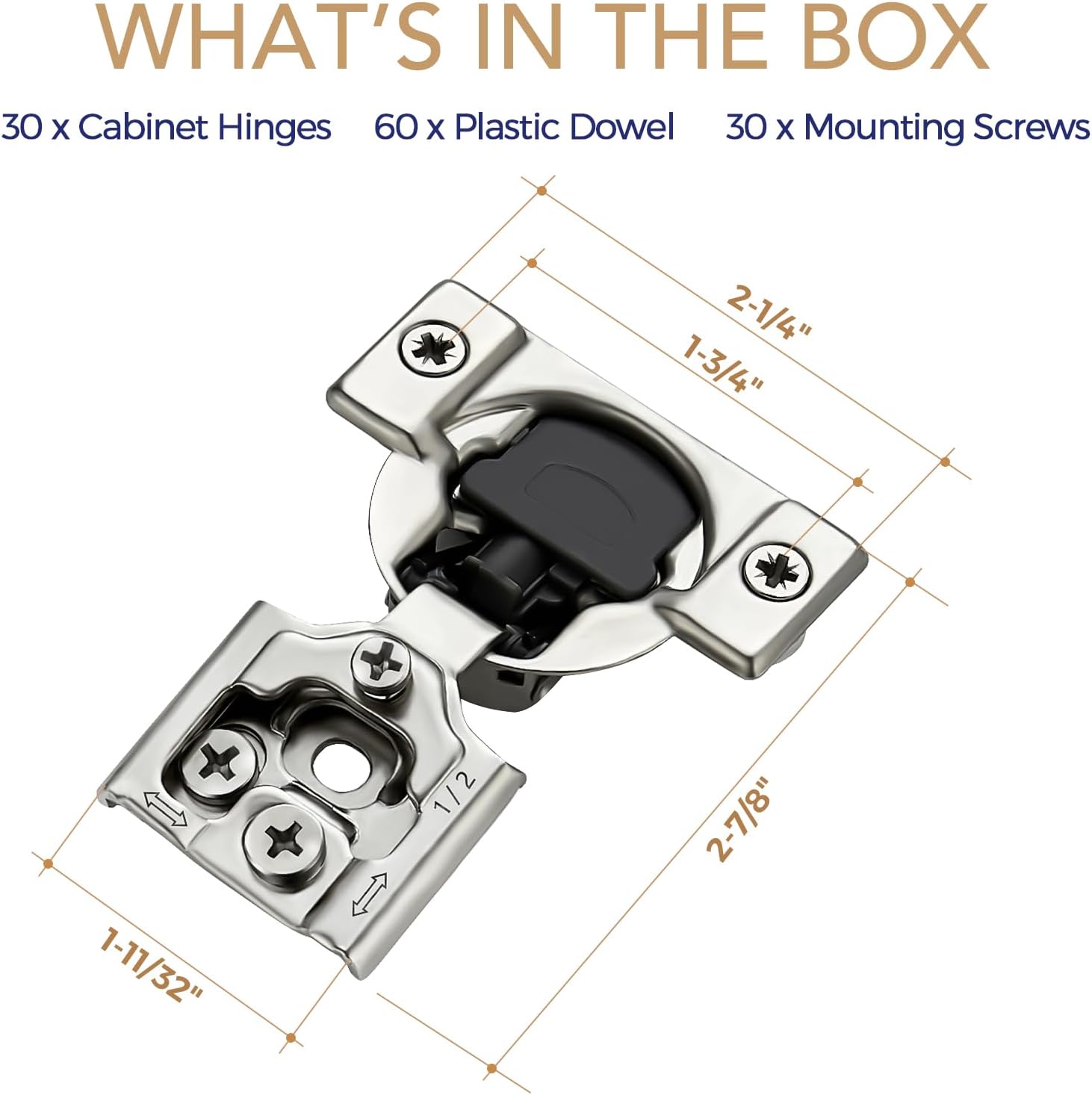 30 Pack Soft Close Kitchen Cabinet Hinges 1/2 inch Overlay Satin Nickel Stainless Steel Concealed Hinges - WildKart