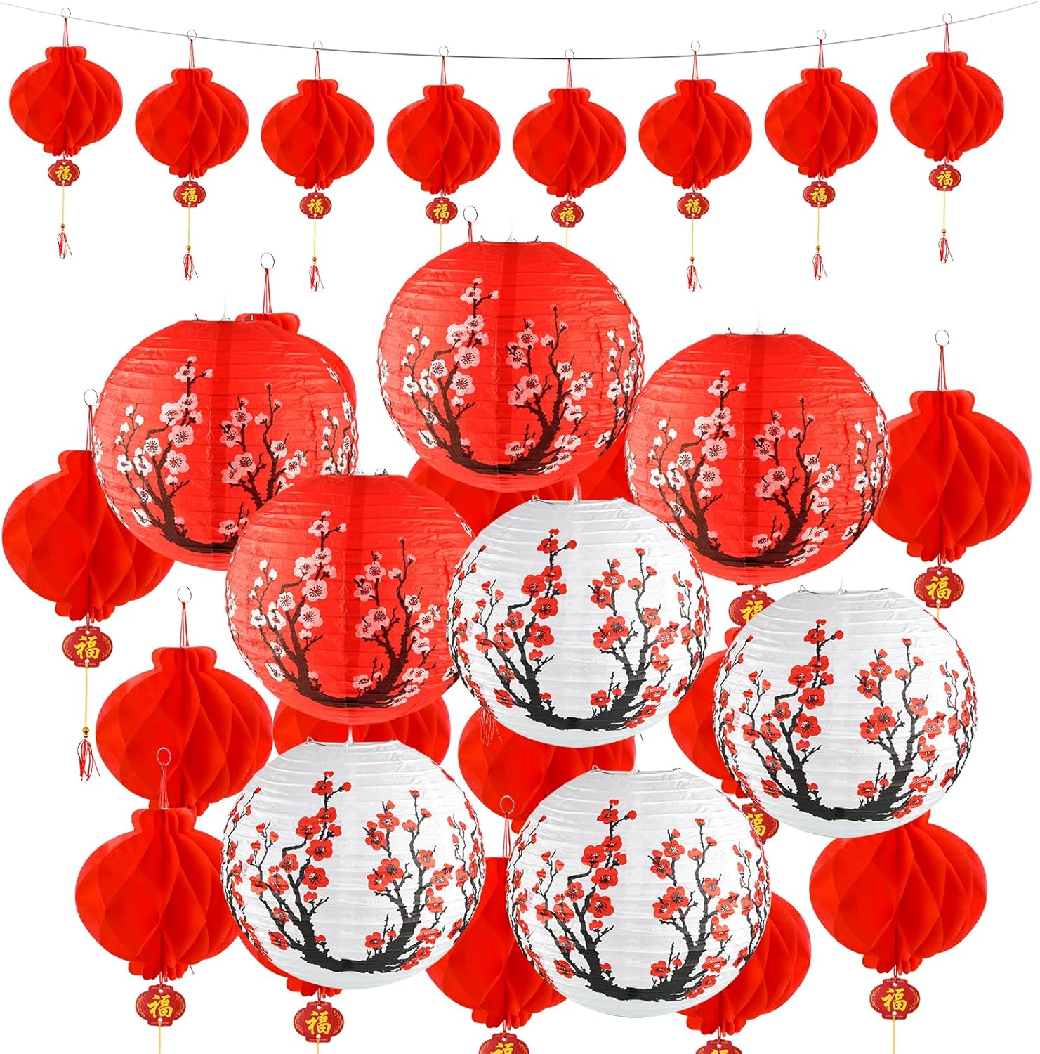 30-Piece Chinese and Japanese Paper Lantern Set with Cherry Blossom and Red Lanterns for Spring Festival, New Year, Wedding