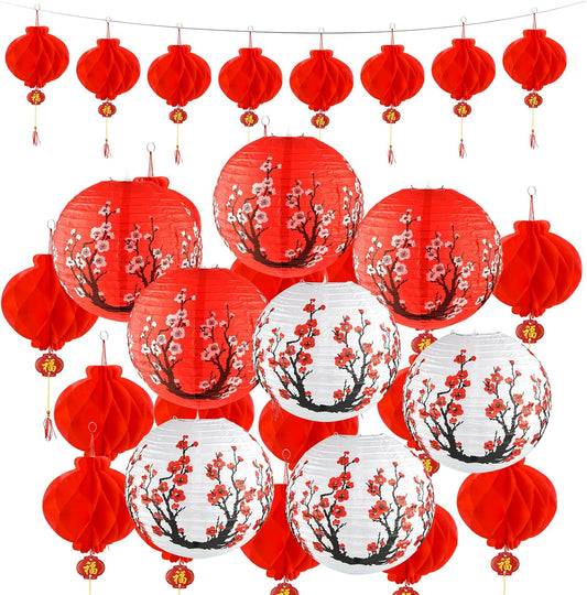 30-Piece Chinese and Japanese Paper Lantern Set with Cherry Blossom and Red Lanterns for Spring Festival, New Year, Wedding