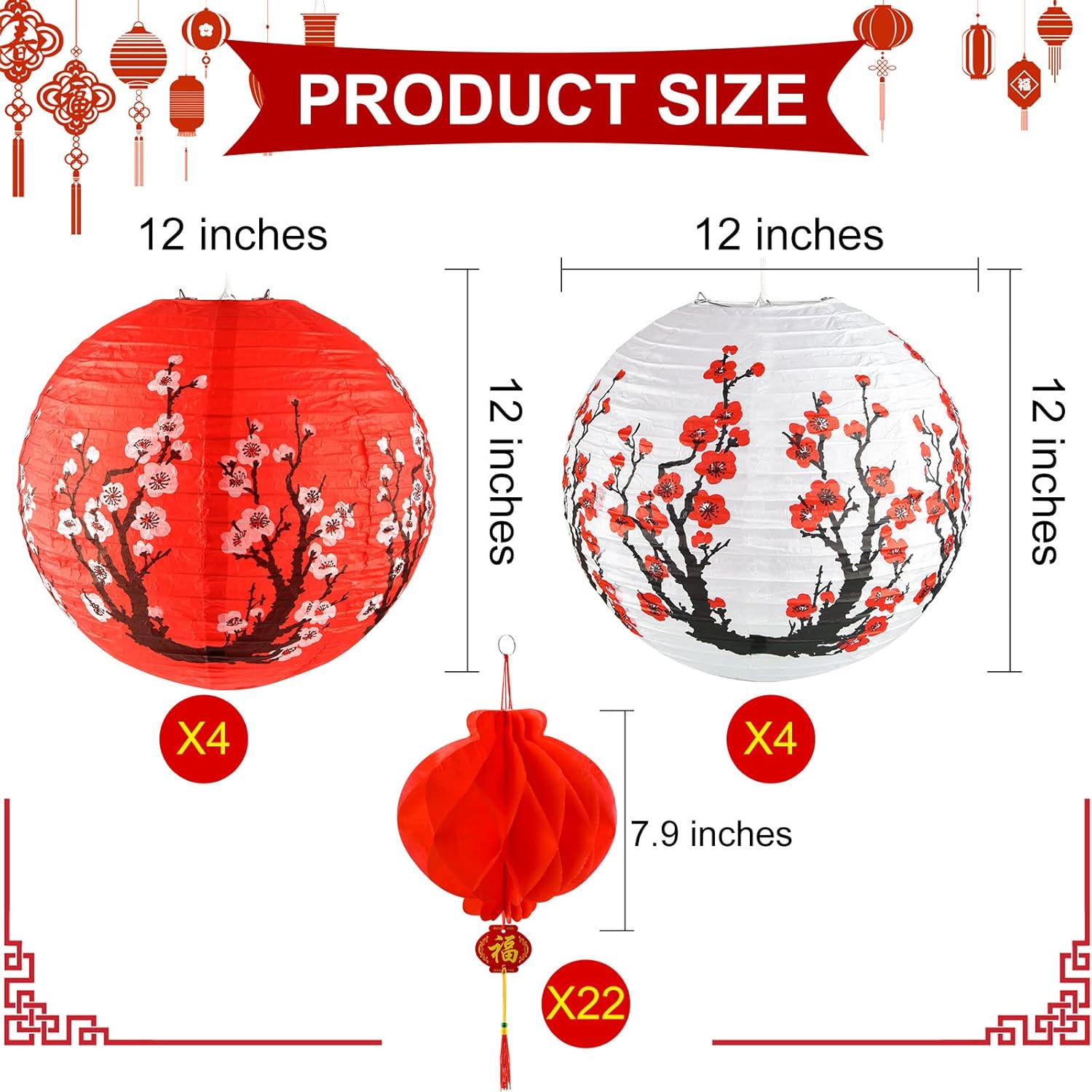 30-Piece Chinese and Japanese Paper Lantern Set with Cherry Blossom and Red Lanterns for Spring Festival, New Year, Wedding