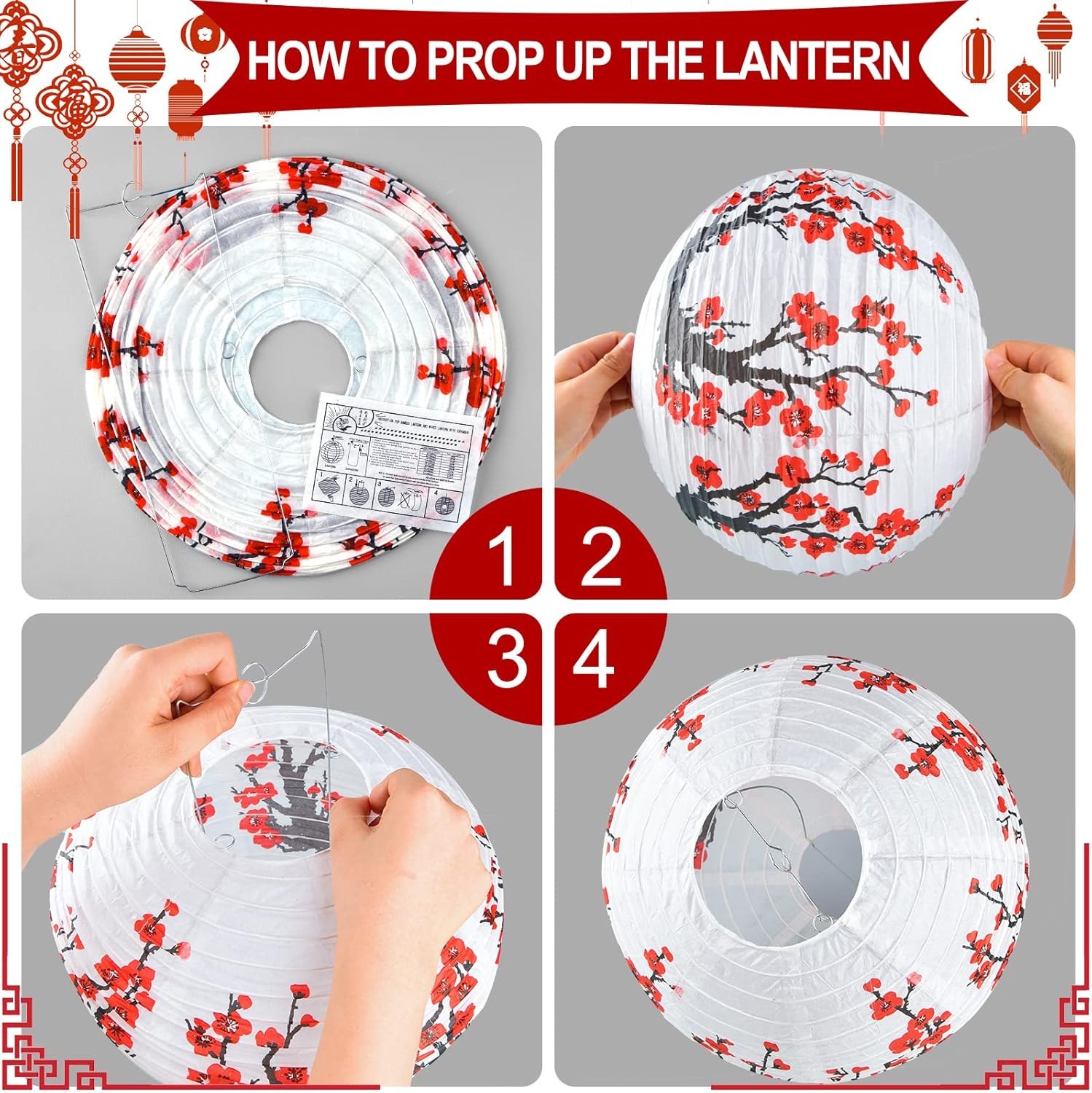 30-Piece Chinese and Japanese Paper Lantern Set with Cherry Blossom and Red Lanterns for Spring Festival, New Year, Wedding