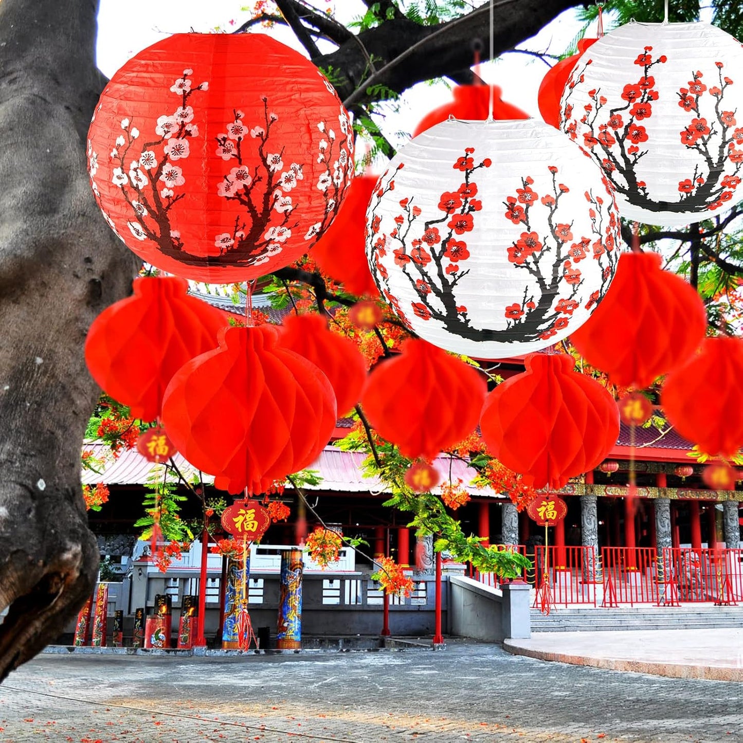 30-Piece Chinese and Japanese Paper Lantern Set with Cherry Blossom and Red Lanterns for Spring Festival, New Year, Wedding
