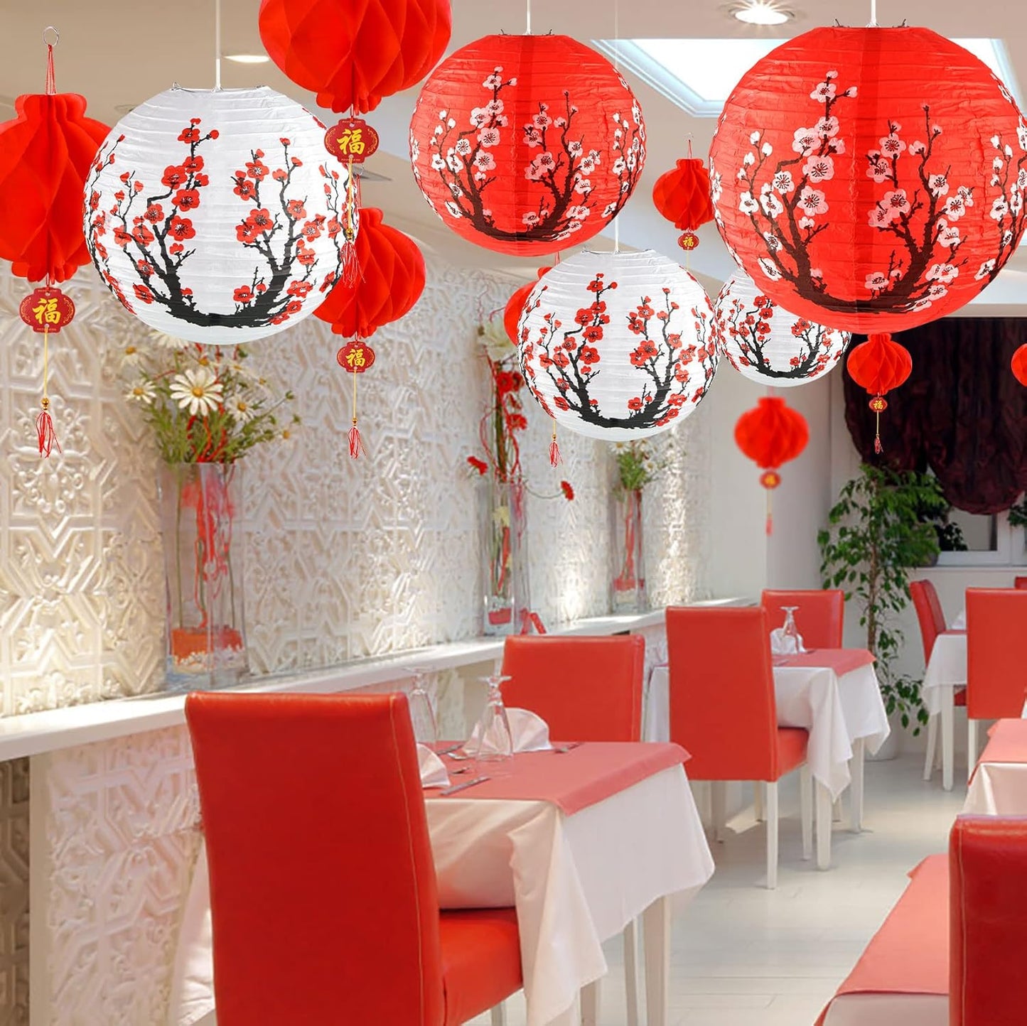 30-Piece Chinese and Japanese Paper Lantern Set with Cherry Blossom and Red Lanterns for Spring Festival, New Year, Wedding