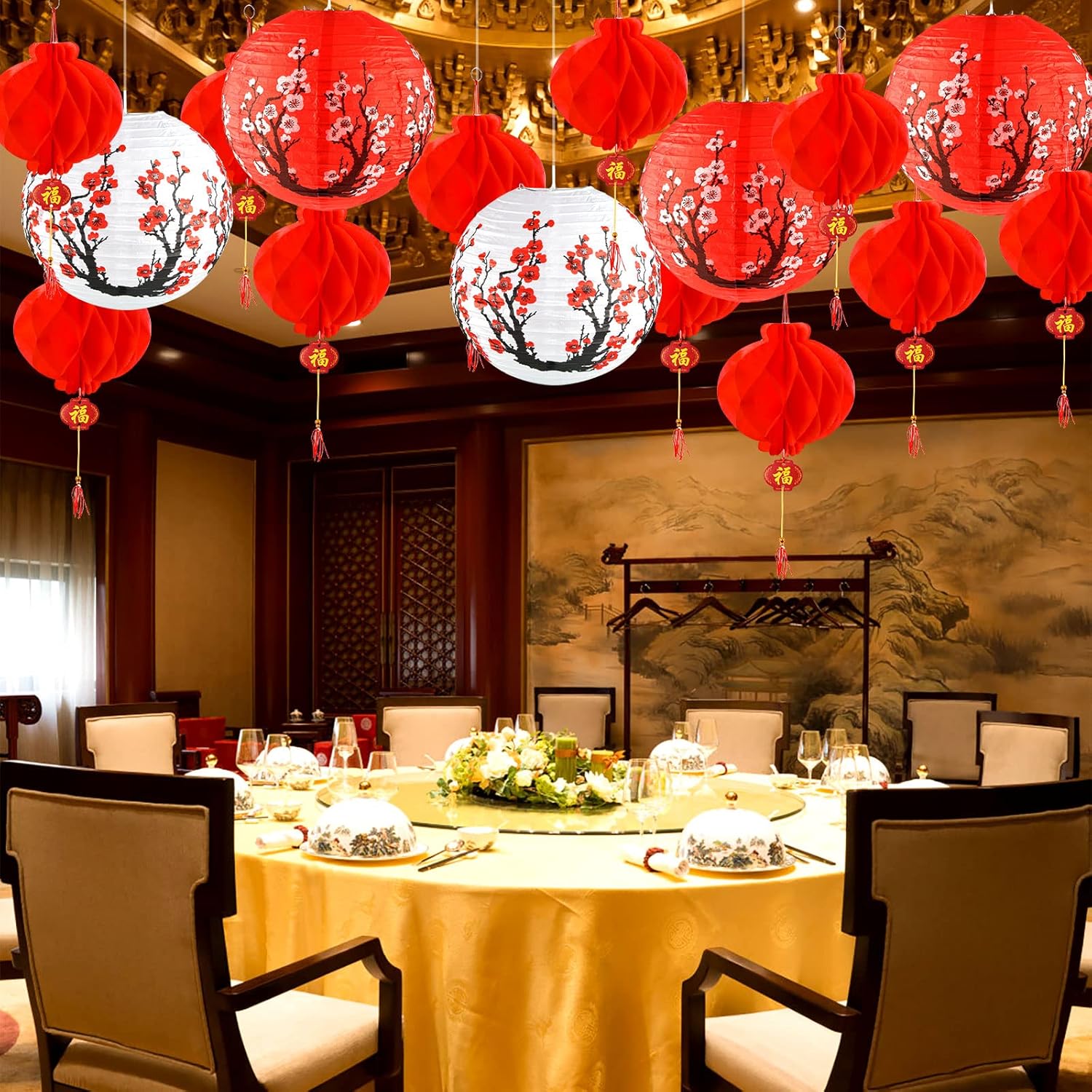 30-Piece Chinese and Japanese Paper Lantern Set with Cherry Blossom and Red Lanterns for Spring Festival, New Year, Wedding