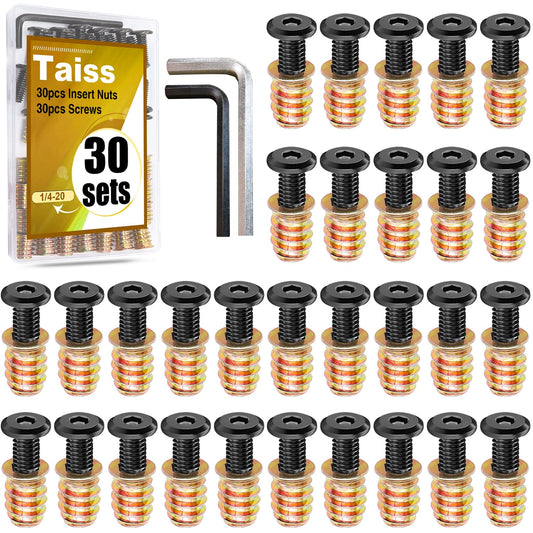 30 Sets of 1/4-20 x 3/4" Furniture Threaded Inserts for Wood - Hex Socket Drive Bolt Fasteners with Spanner