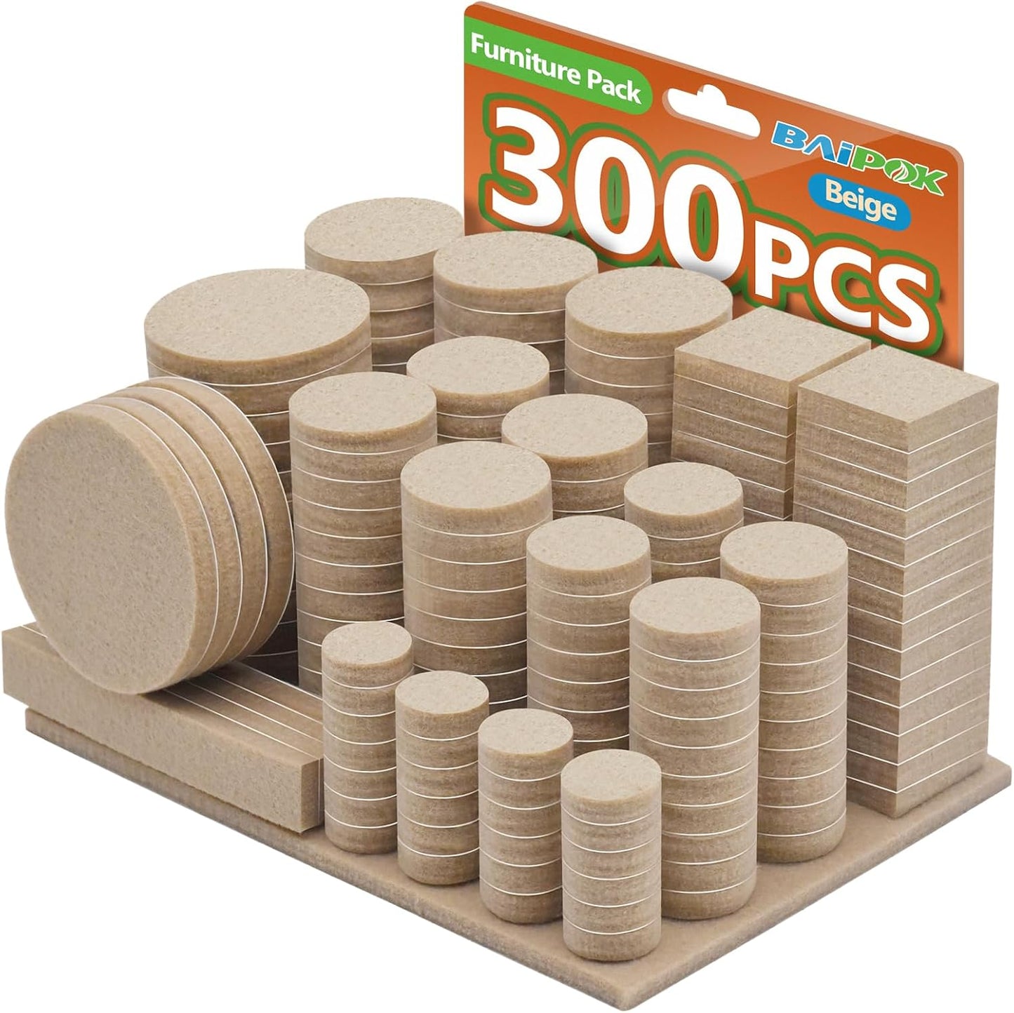 300 Pack Premium Beige Furniture Felt Pads with Self Adhesive - Anti Scratch Floor Protectors for Hardwood Furniture Legs - Includes 60 Cabinet Door Bumpers - by BAIPOK
