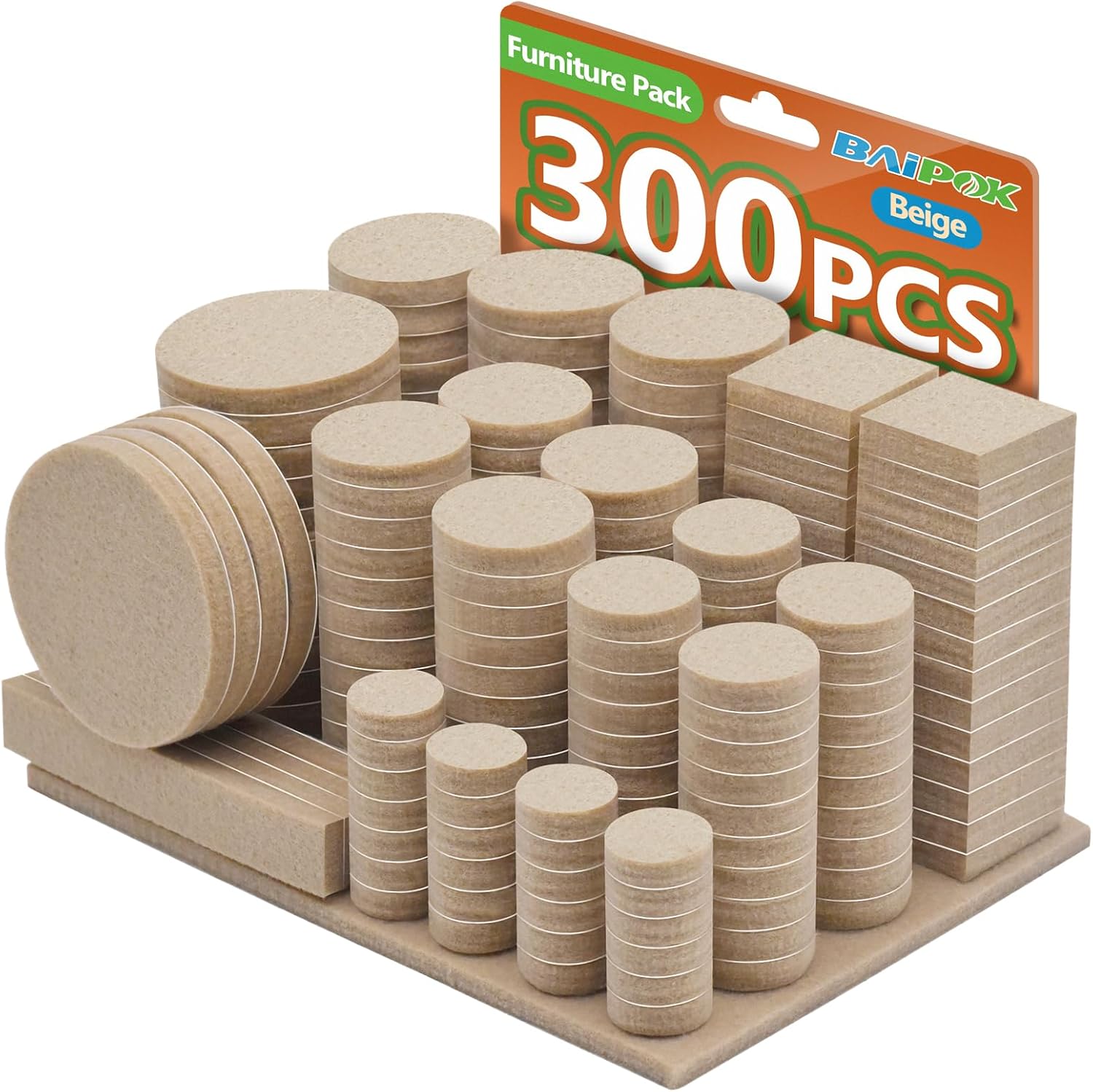 300 Pack Premium Beige Furniture Felt Pads with Self Adhesive - Anti Scratch Floor Protectors for Hardwood Furniture Legs - Includes 60 Cabinet Door Bumpers - by BAIPOK