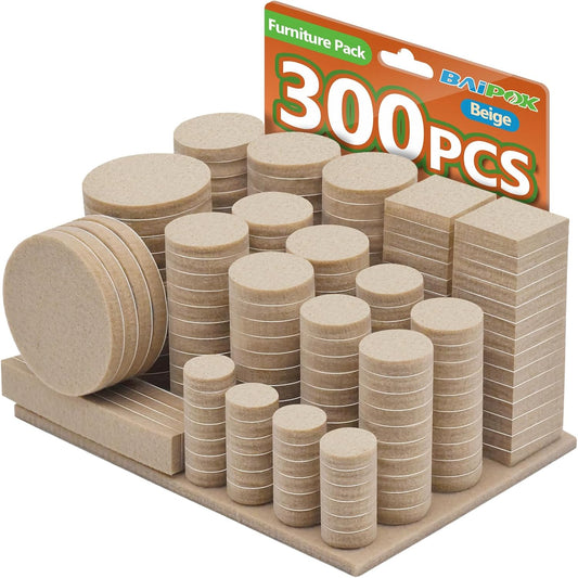 300 Pack Premium Beige Furniture Felt Pads with Self Adhesive - Anti Scratch Floor Protectors for Hardwood Furniture Legs - Includes 60 Cabinet Door Bumpers - by BAIPOK