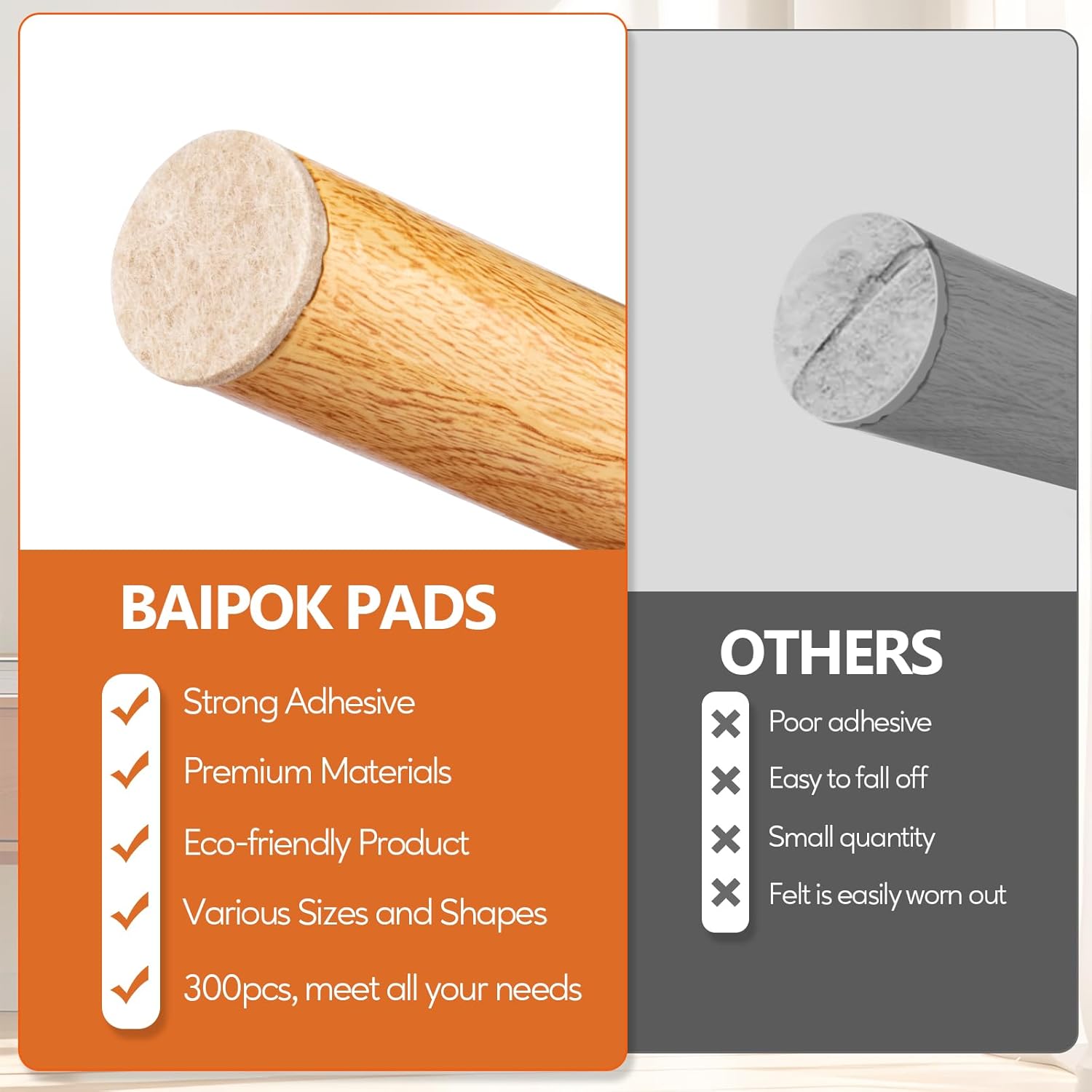 300 Pack Premium Beige Furniture Felt Pads with Self Adhesive - Anti Scratch Floor Protectors for Hardwood Furniture Legs - Includes 60 Cabinet Door Bumpers - by BAIPOK