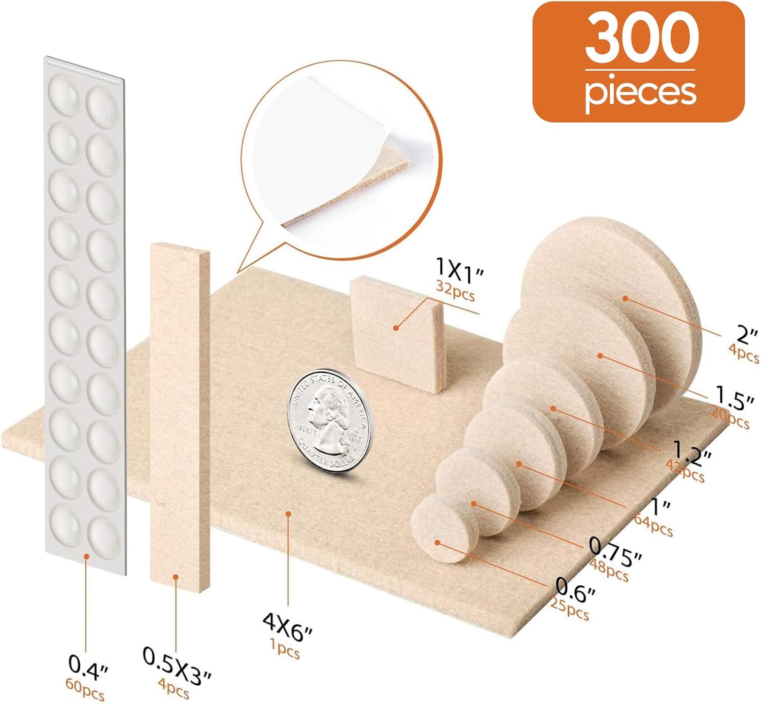 300 Pack Premium Beige Furniture Felt Pads with Self Adhesive - Anti Scratch Floor Protectors for Hardwood Furniture Legs - Includes 60 Cabinet Door Bumpers - by BAIPOK