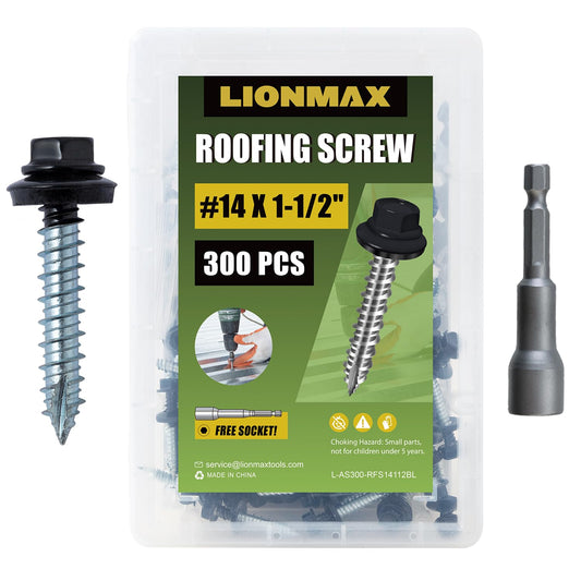 300-PCS Black Painted Metal Roofing Screws #14 x 1-1/2" with Rubber Washer