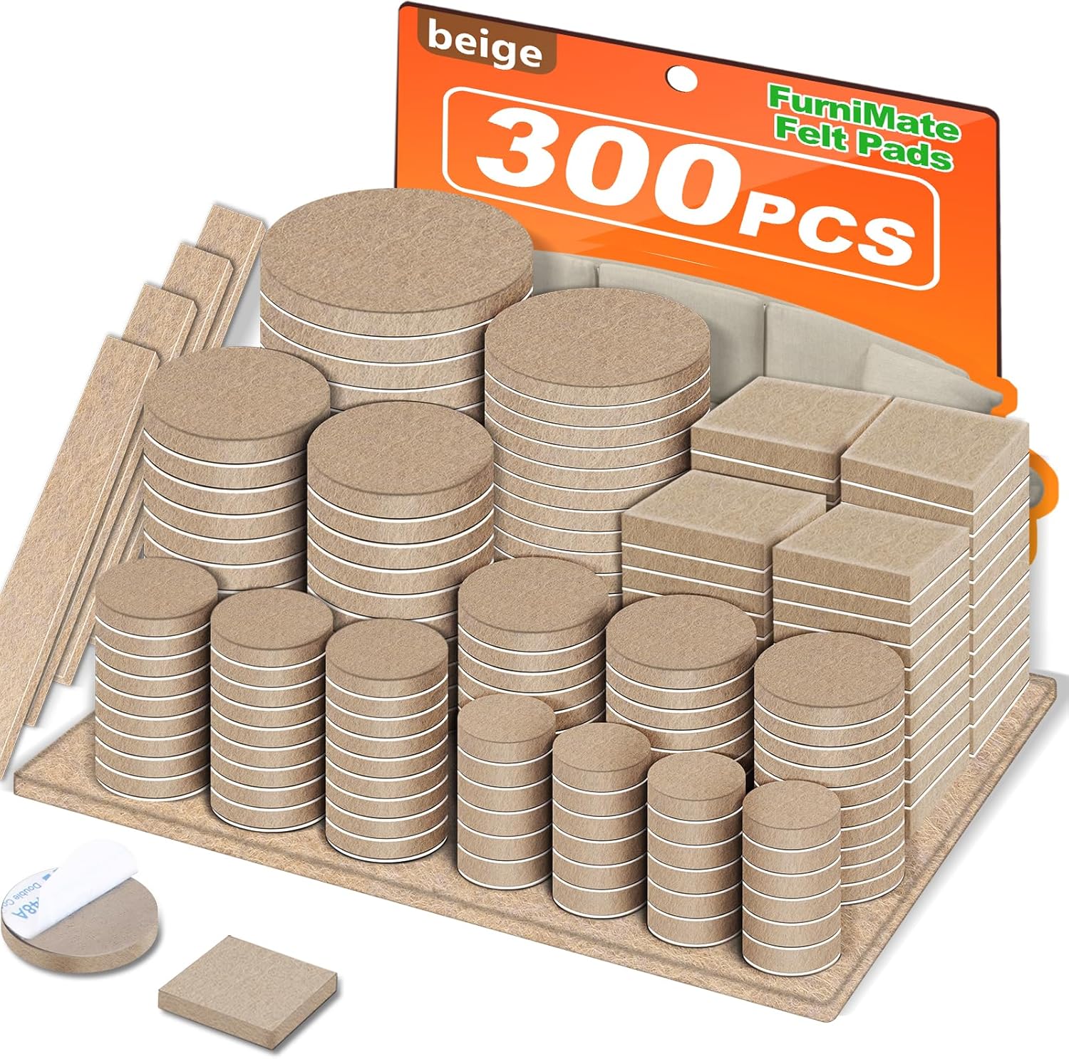 300-Piece FURNIMATE Felt Furniture Pads Set for Hardwood Floors - Beige Floor Protectors for Furniture Legs, Furniture Felt Pads for Floor Protection