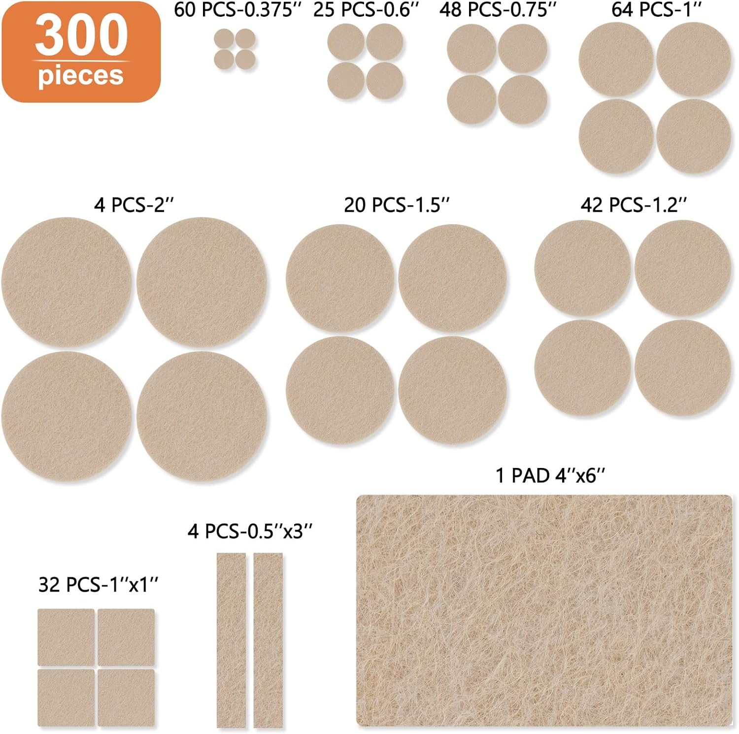 300-Piece FURNIMATE Felt Furniture Pads Set for Hardwood Floors - Beige Floor Protectors for Furniture Legs, Furniture Felt Pads for Floor Protection