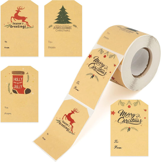 300-Piece Kraft Christmas Gift Stickers - 4 Styles Xmas Name Tags for Decoration, Envelopes Sealing, Holiday Cards - Personalized Self-Adhesive Xmas Labels (3"x2")