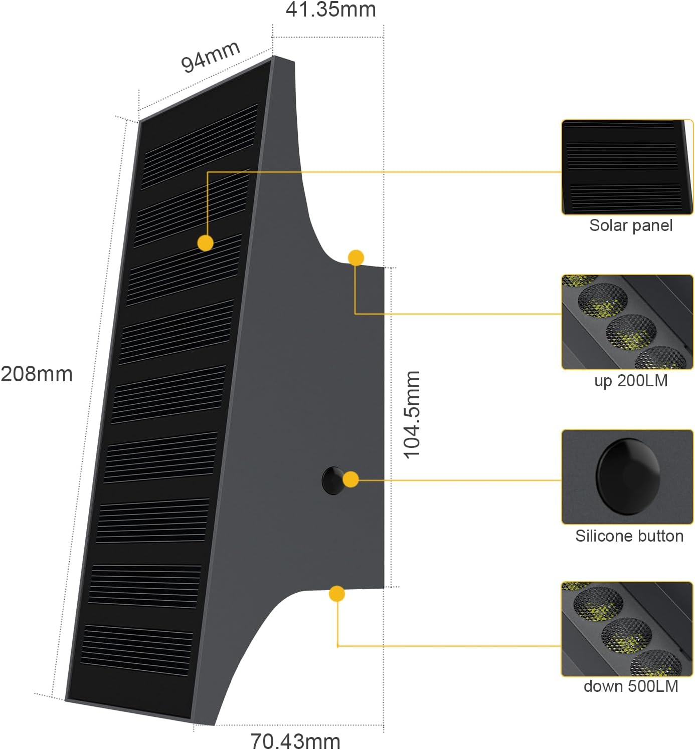 3000K 700LM Solar Wall Lights Outdoor - Adjustable Brightness Solar Sconce Lights for Yard Fence Patio - IP65 Waterproof Solar Outdoor Lights