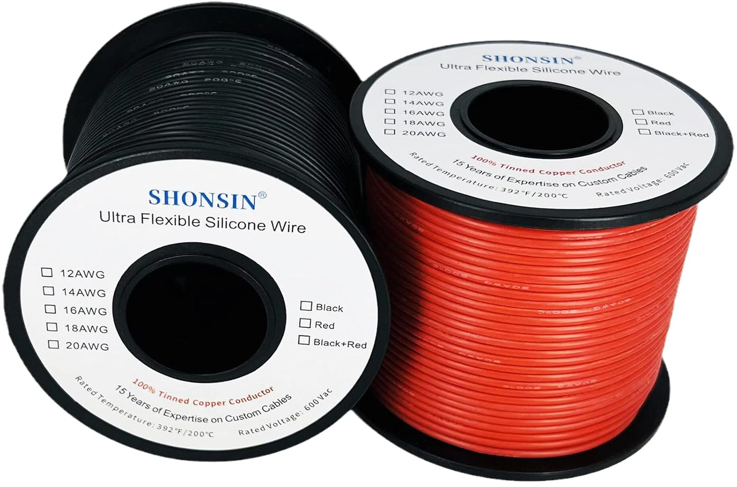 300FT Shonsin 20 AWG Silicone Wire - 150ft Black & 150ft Red Spools - Flexible 20 Gauge Electrical Hook Up Wire with 100 Strands of 0.08mm Tinned Copper Conductor - 600V, 200℃