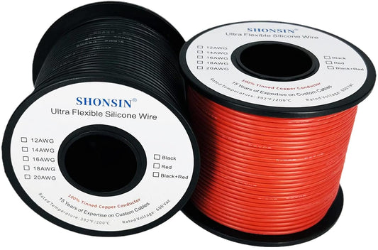 300FT Shonsin 20 AWG Silicone Wire - 150ft Black & 150ft Red Spools - Flexible 20 Gauge Electrical Hook Up Wire with 100 Strands of 0.08mm Tinned Copper Conductor - 600V, 200℃