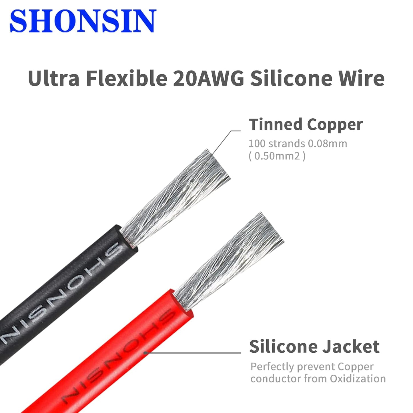 300FT Shonsin 20 AWG Silicone Wire - 150ft Black & 150ft Red Spools - Flexible 20 Gauge Electrical Hook Up Wire with 100 Strands of 0.08mm Tinned Copper Conductor - 600V, 200℃