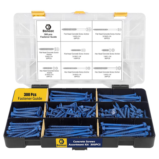 300Pcs Concrete Screw Assortment Kit - 1/4 3/16 Concrete Screws with Drill Bit 8 Sizes - Flat & Hex Head Brick Screws for Masonry, Block and Cement