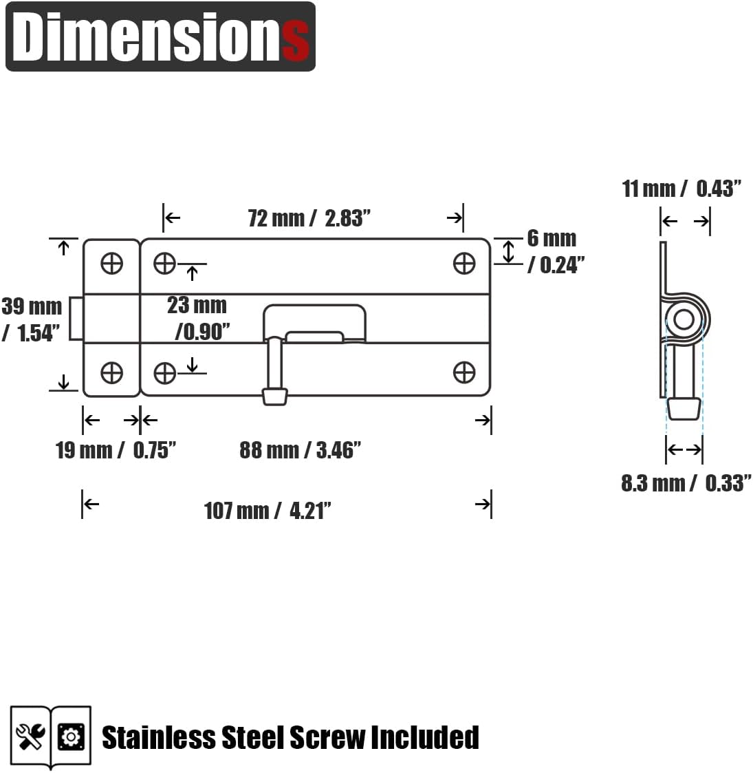 304 Stainless Steel 4 Inch Barrel Bolt Latch, Thicken 1.7mm Plate Door Lock - Black 2 Pack