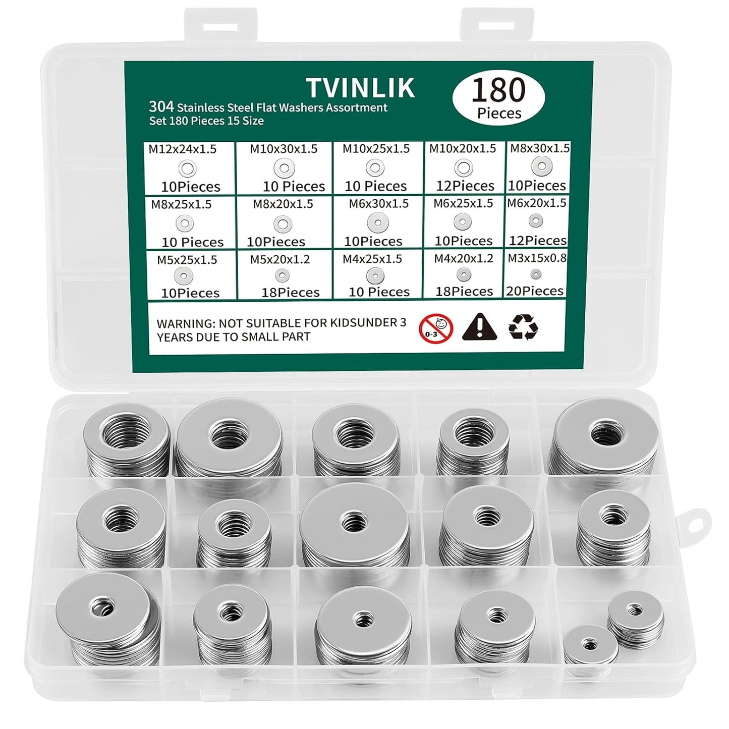 304 Stainless Steel Flat Washers Assortment Kit - 180 Pcs, 15 Sizes (M3-M12) - Metal Washers for Screws and Bolts, Home & Industrial - WildKart