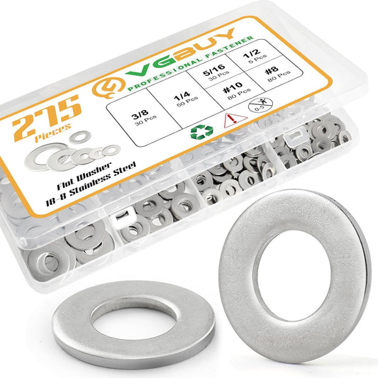 304 Stainless Steel Flat Washers Assortment Kit - 275PCS, SAE Hardware Washers Set for Bolts and Screws - #8, 10, 1/4, 5/16, 3/8, 1/2 - Durable Metal Washers for Various Projects