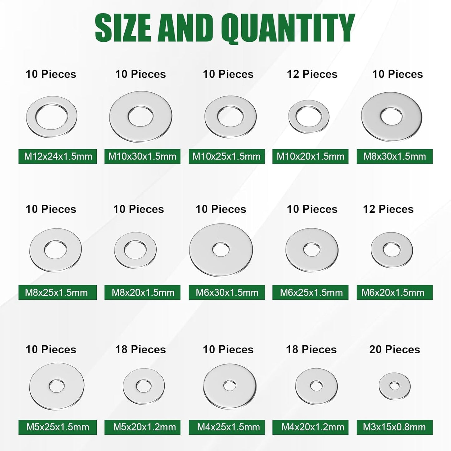 304 Stainless Steel Flat Washers Assortment Kit - 180 Pcs, 15 Sizes (M3-M12) - Metal Washers for Screws and Bolts, Home & Industrial - WildKart