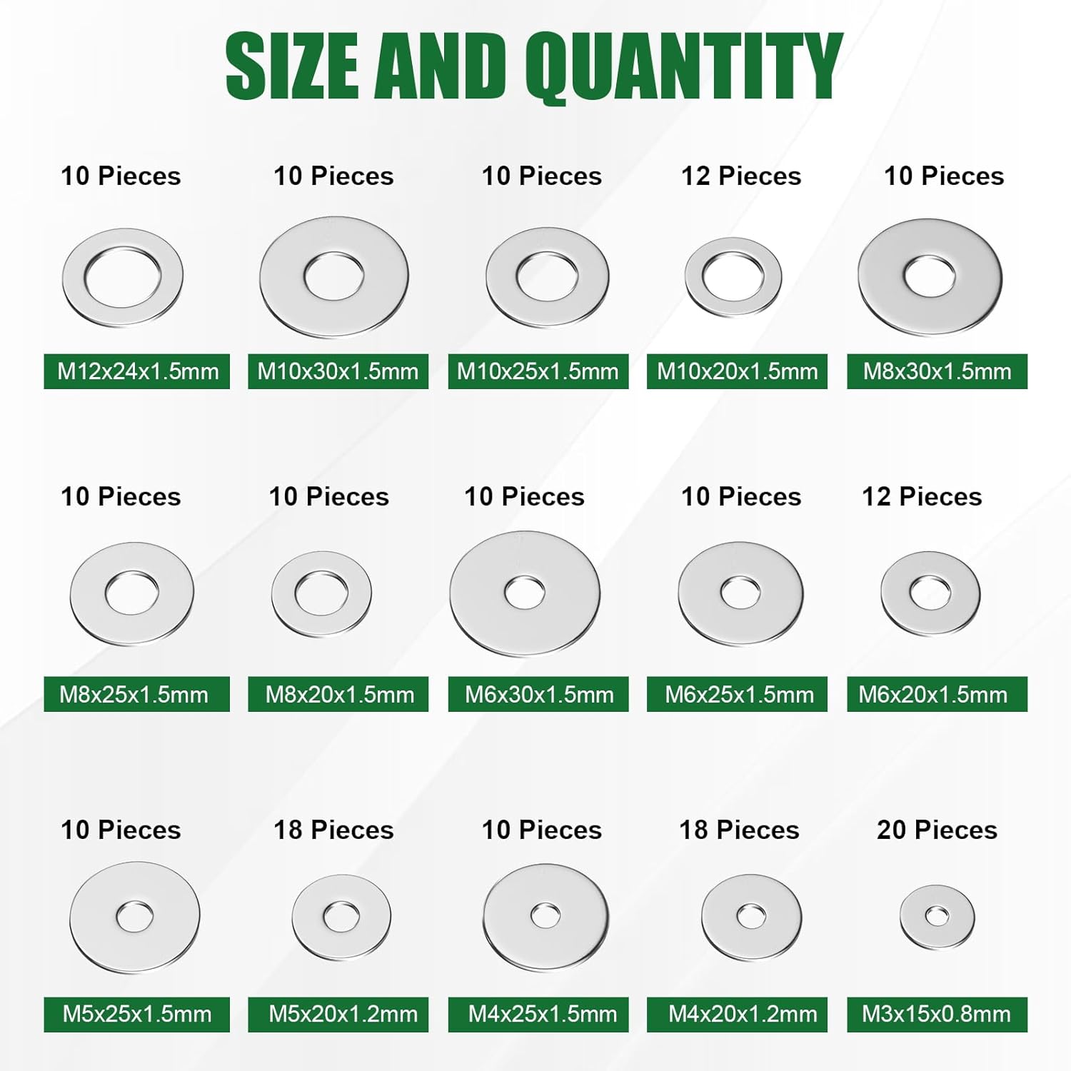 304 Stainless Steel Flat Washers Assortment Kit - 180 Pcs, 15 Sizes (M3-M12) - Metal Washers for Screws and Bolts, Home & Industrial - WildKart