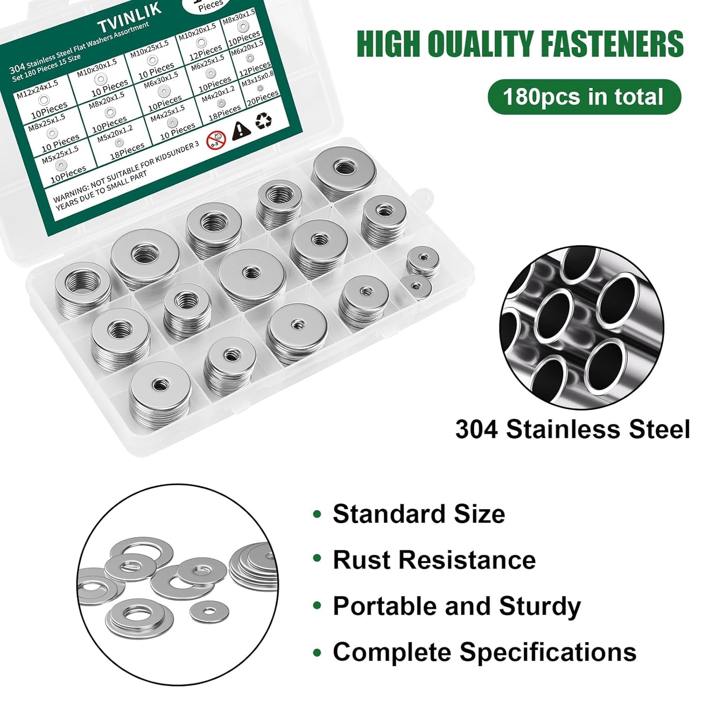 304 Stainless Steel Flat Washers Assortment Kit - 180 Pcs, 15 Sizes (M3-M12) - Metal Washers for Screws and Bolts, Home & Industrial - WildKart