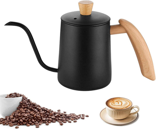 304 Stainless Steel Pour Over Coffee Kettle with Gooseneck Spout - Barista Pour Control Design, Wood Handle, Camping Kettle - 20oz Black