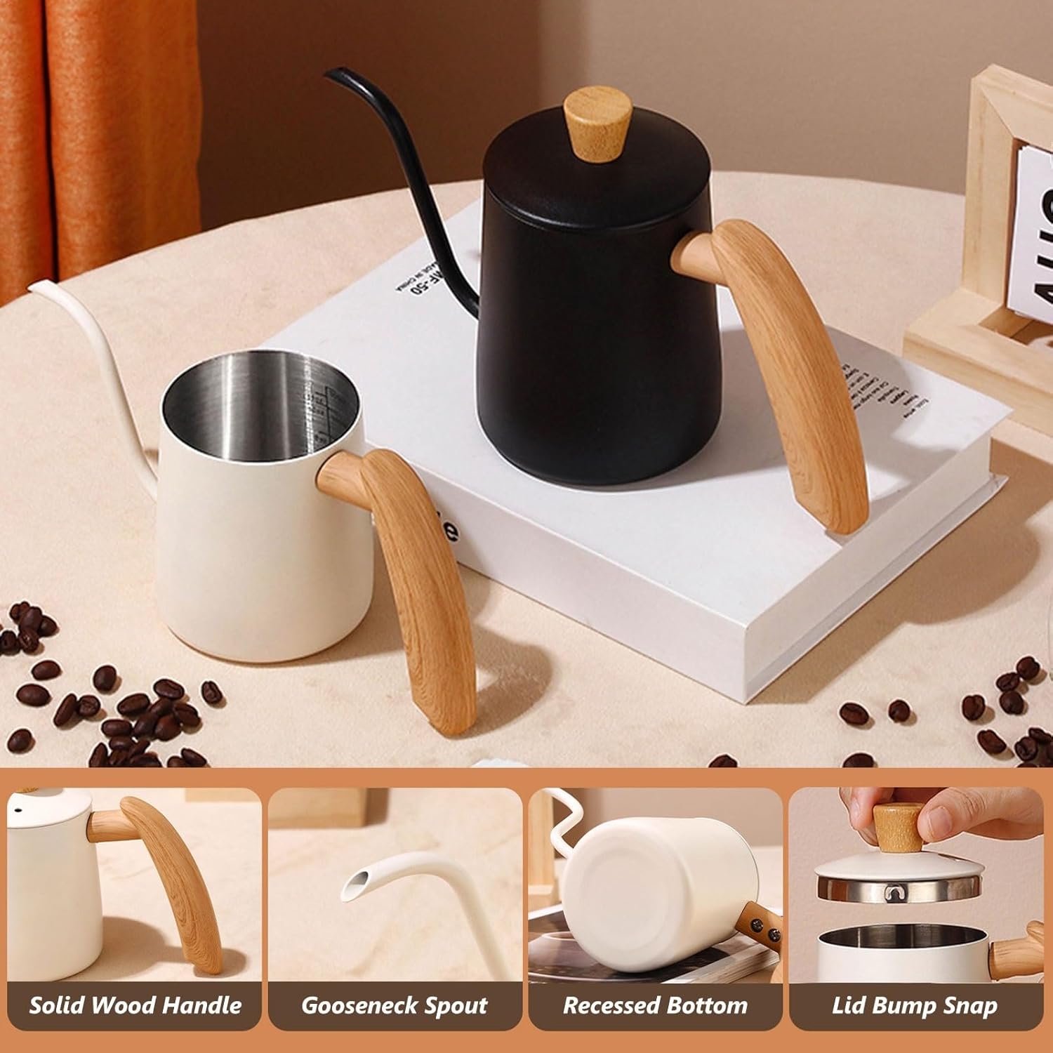 304 Stainless Steel Pour Over Coffee Kettle with Gooseneck Spout - Barista Pour Control Design, Wood Handle, Camping Kettle - 20oz Black