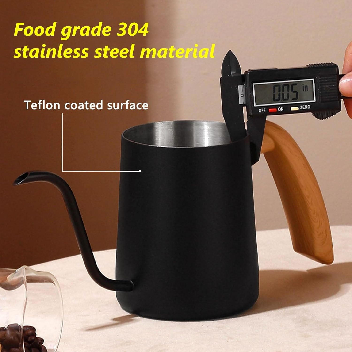304 Stainless Steel Pour Over Coffee Kettle with Gooseneck Spout - Barista Pour Control Design, Wood Handle, Camping Kettle - 20oz Black