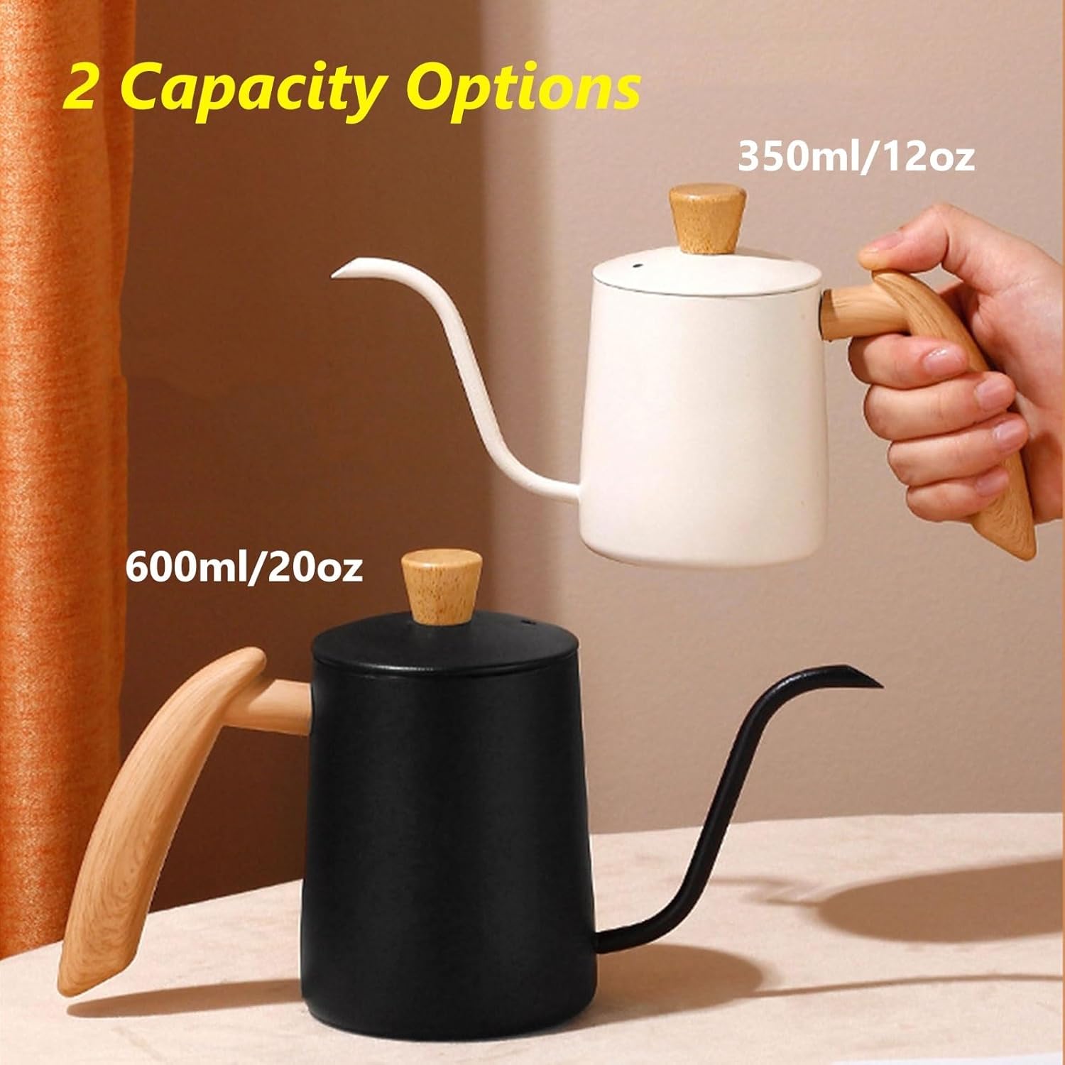 304 Stainless Steel Pour Over Coffee Kettle with Gooseneck Spout - Barista Pour Control Design, Wood Handle, Camping Kettle - 20oz Black
